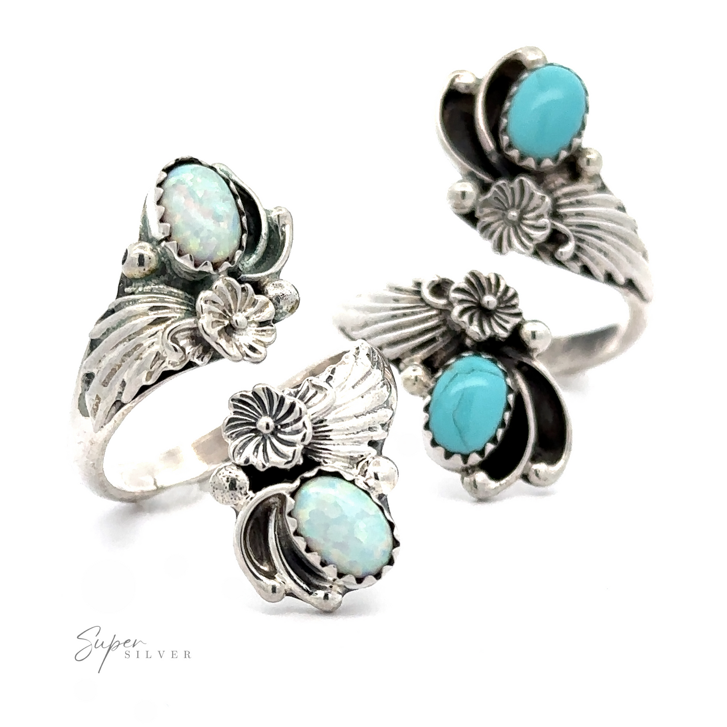 Three Native American Adjustable Stone Floral Wrap Rings, each featuring Native American floral designs and embedded with polished gemstones in turquoise and opal hues.