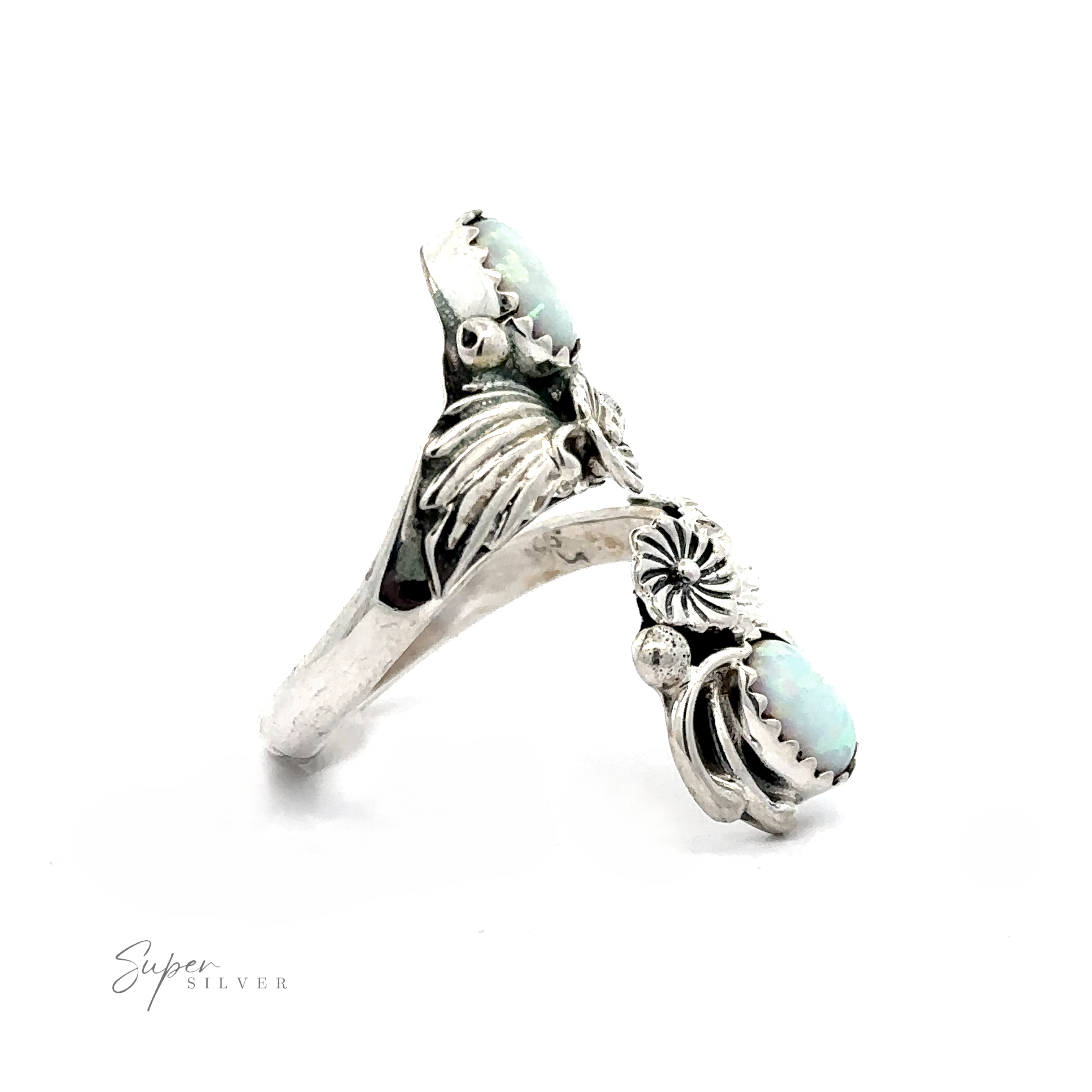 Native American Adjustable Stone Floral Wrap Ring featuring embedded turquoise stones, isolated on a white background.