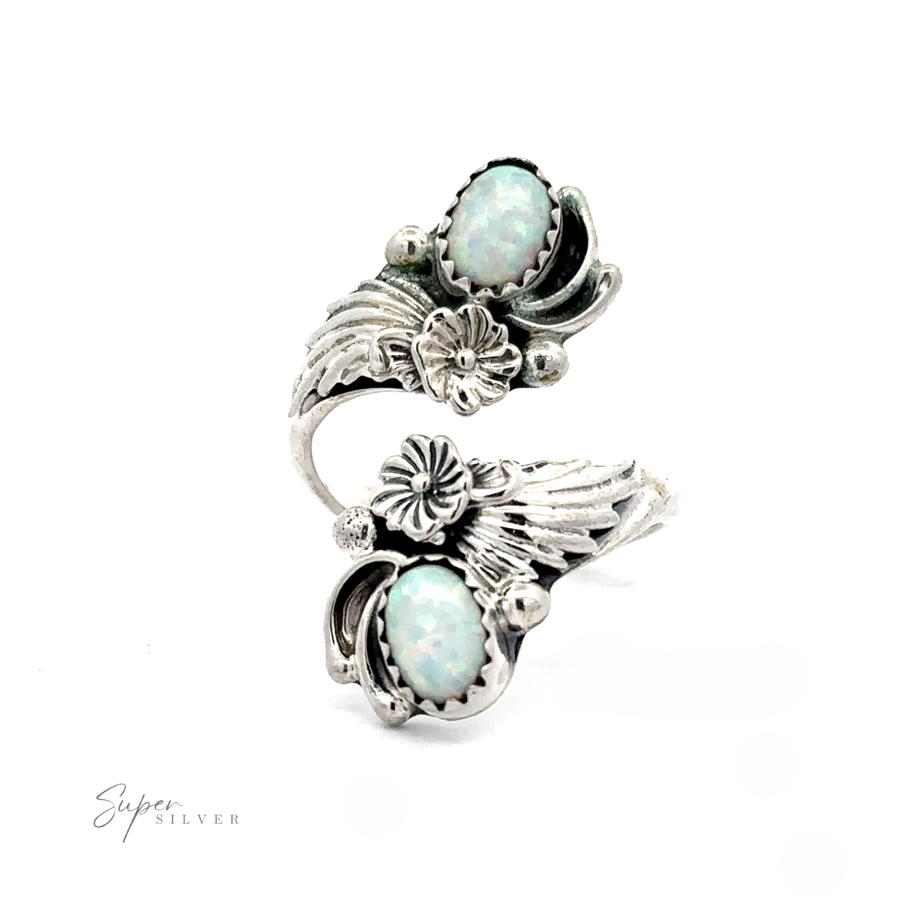 Native American Adjustable Stone Floral Wrap Ring with two Opal gemstones on a white background.
