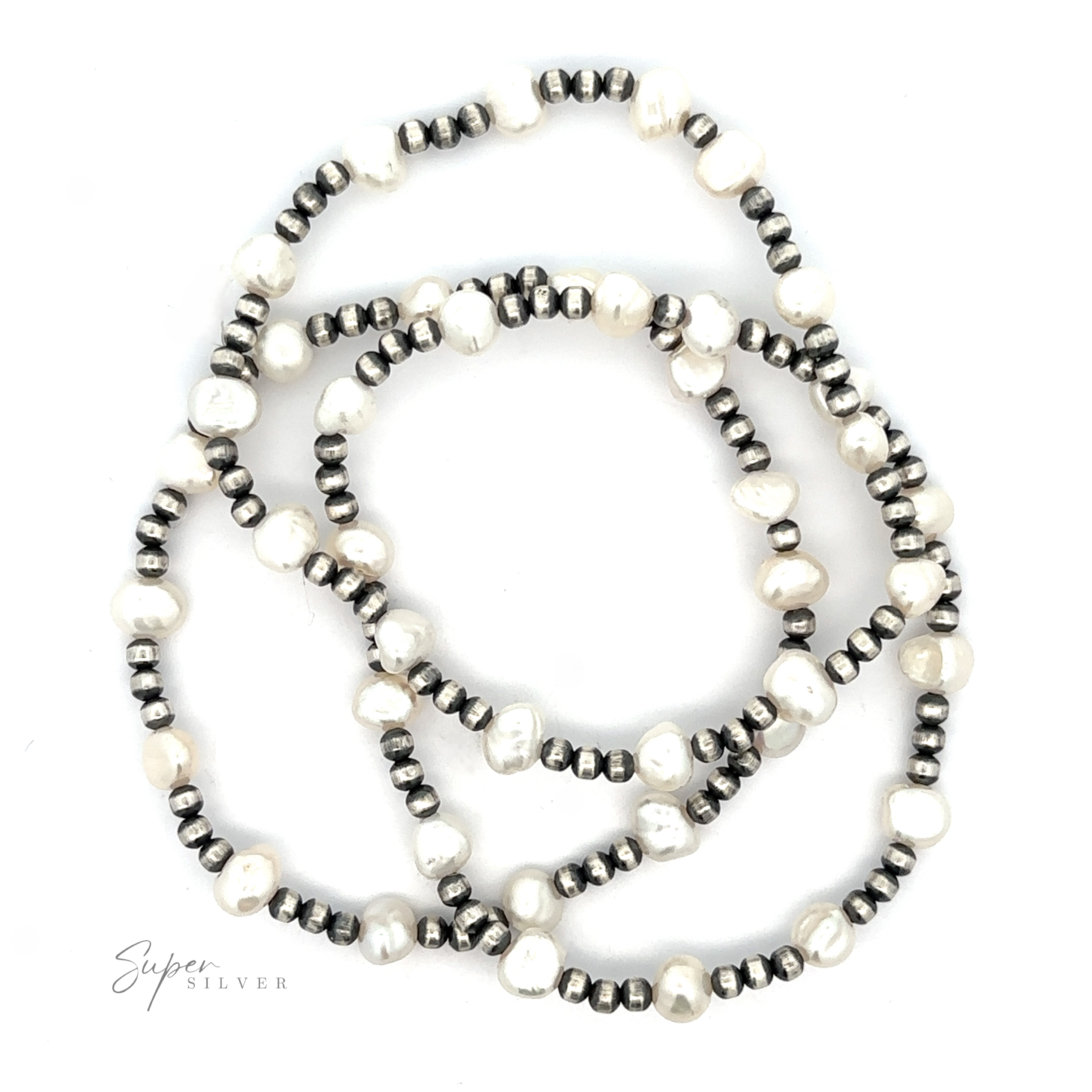 Three strands of a Native American beaded pearl bracelet with alternating silver and white pearls, arranged in a circular layout on a white background.