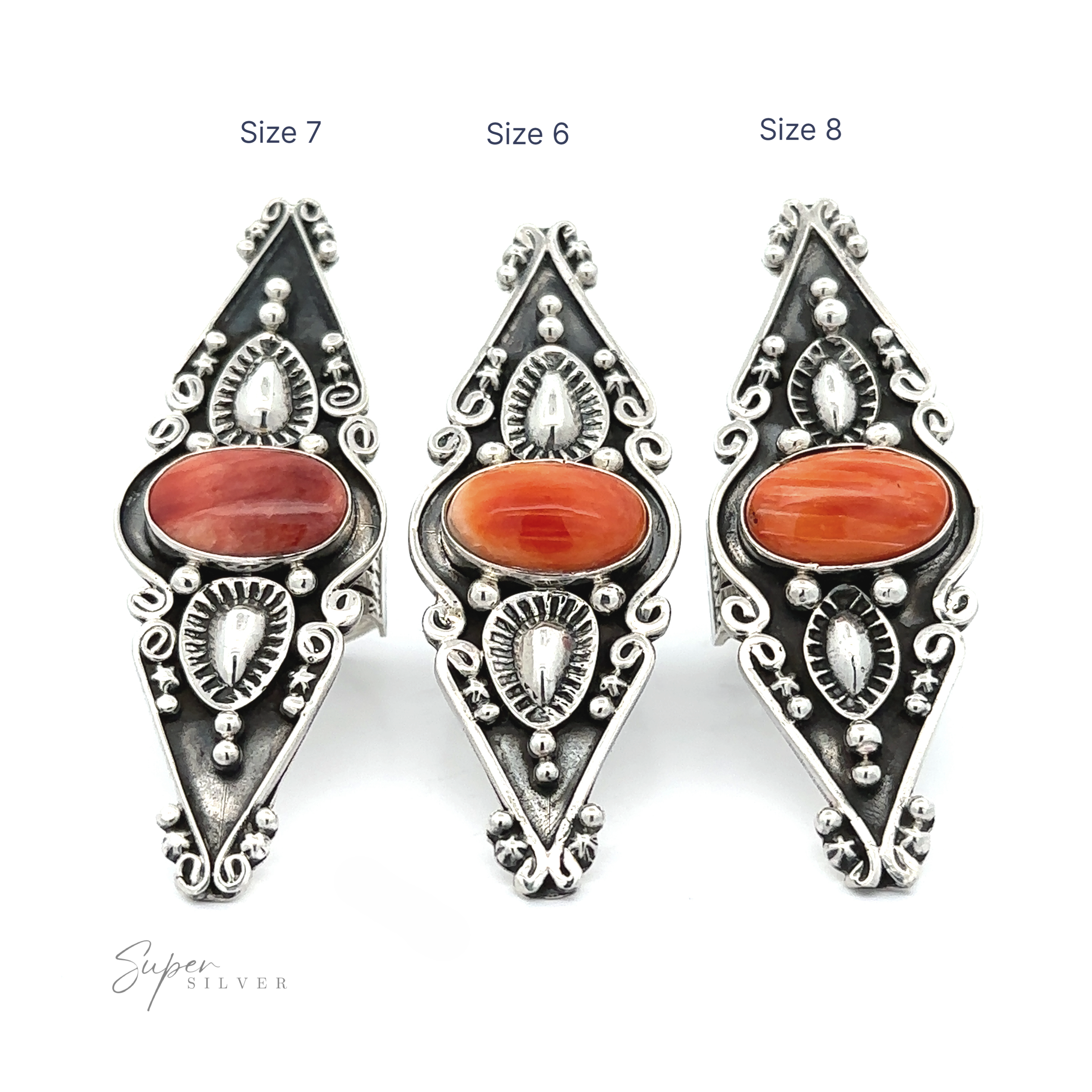 Three Stunning Native American Statement Rings with oval turquoise stones, displaying sizes 7, 6, and 8, arranged side by side on a white background.