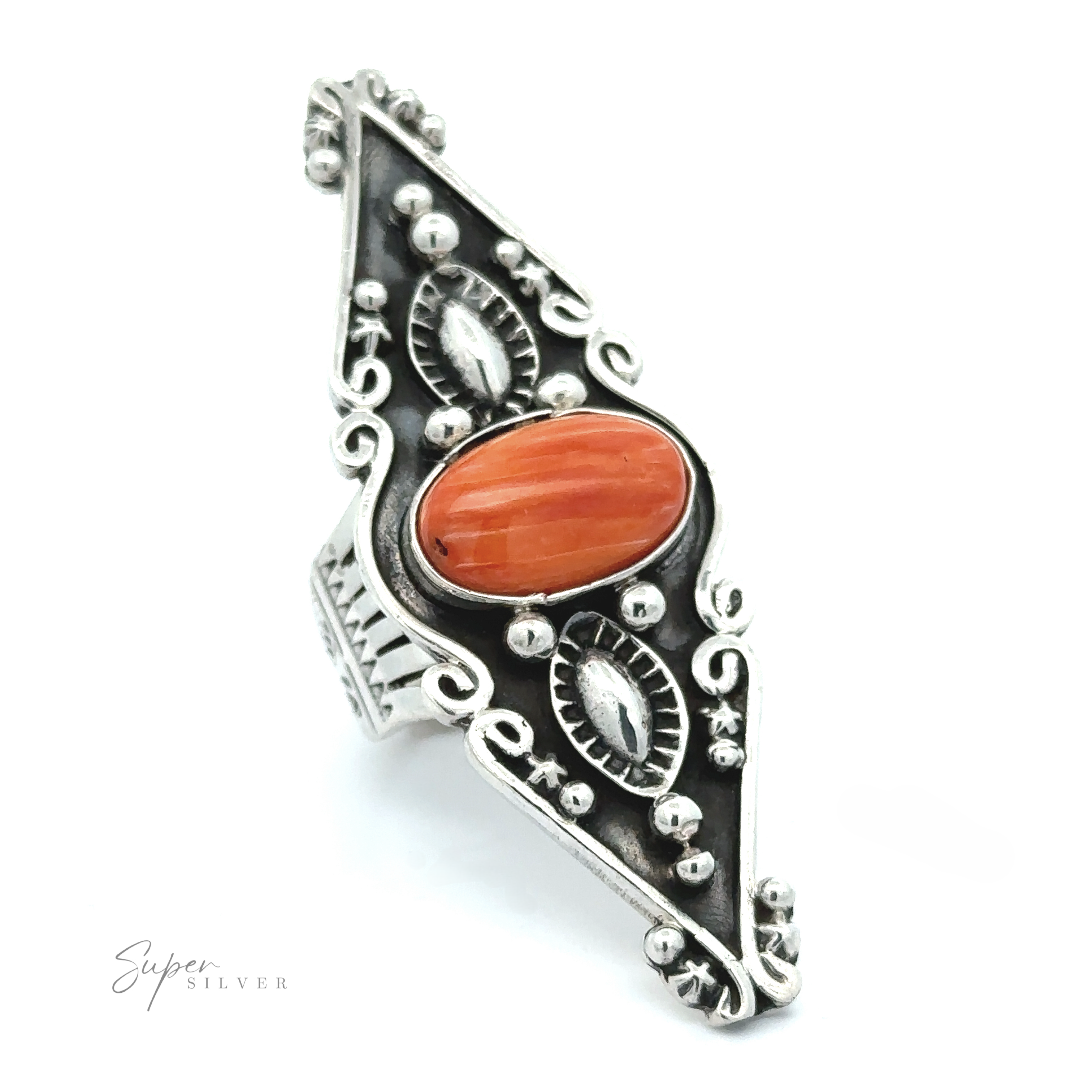 A detailed Stunning Native American Statement Ring featuring ornate metalwork and a central turquoise oval gemstone, displayed against a white background.