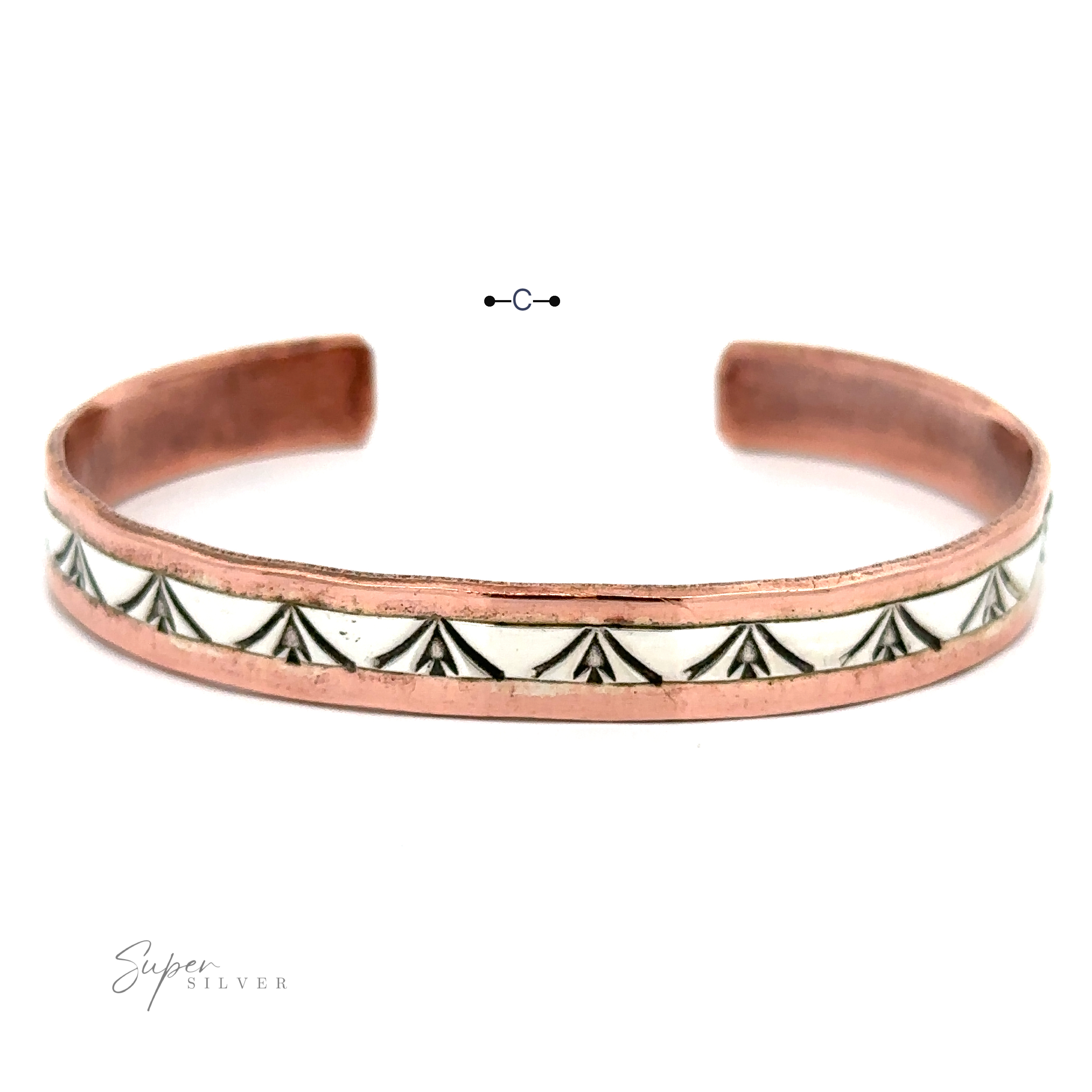 A Native American Handmade Copper And Silver Bracelet featuring a geometric black and white pattern along the center, placed against a plain white background. The logo "Super Silver" is visible at the bottom left corner, highlighting its sterling silver craftsmanship.