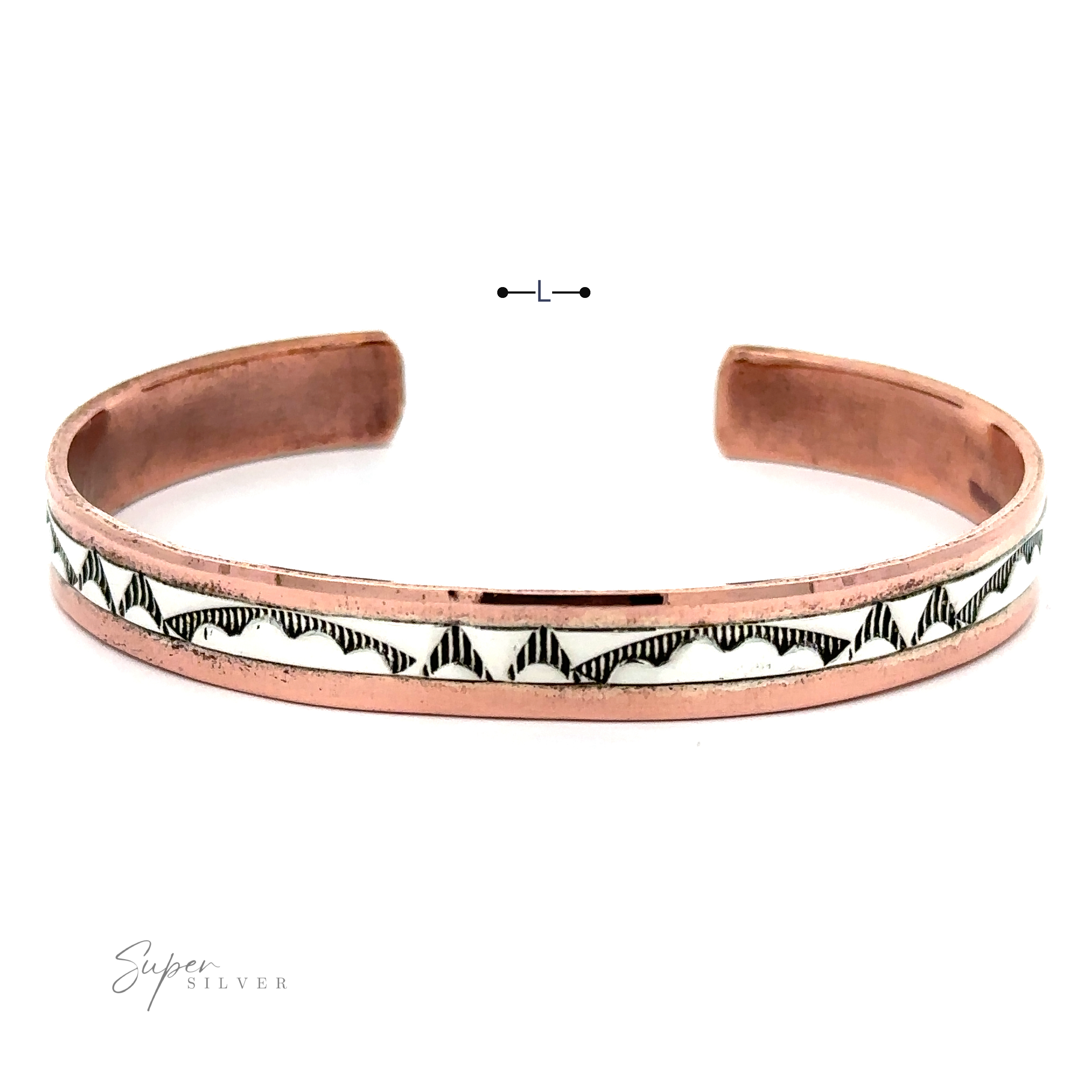 A Native American Handmade Copper And Silver Bracelet featuring a black and white patterned inlay design, with an adjustable gap. A "Super Silver" logo is visible on the bottom-left corner, showcasing Sterling Silver elements and Native American handcrafted artistry.