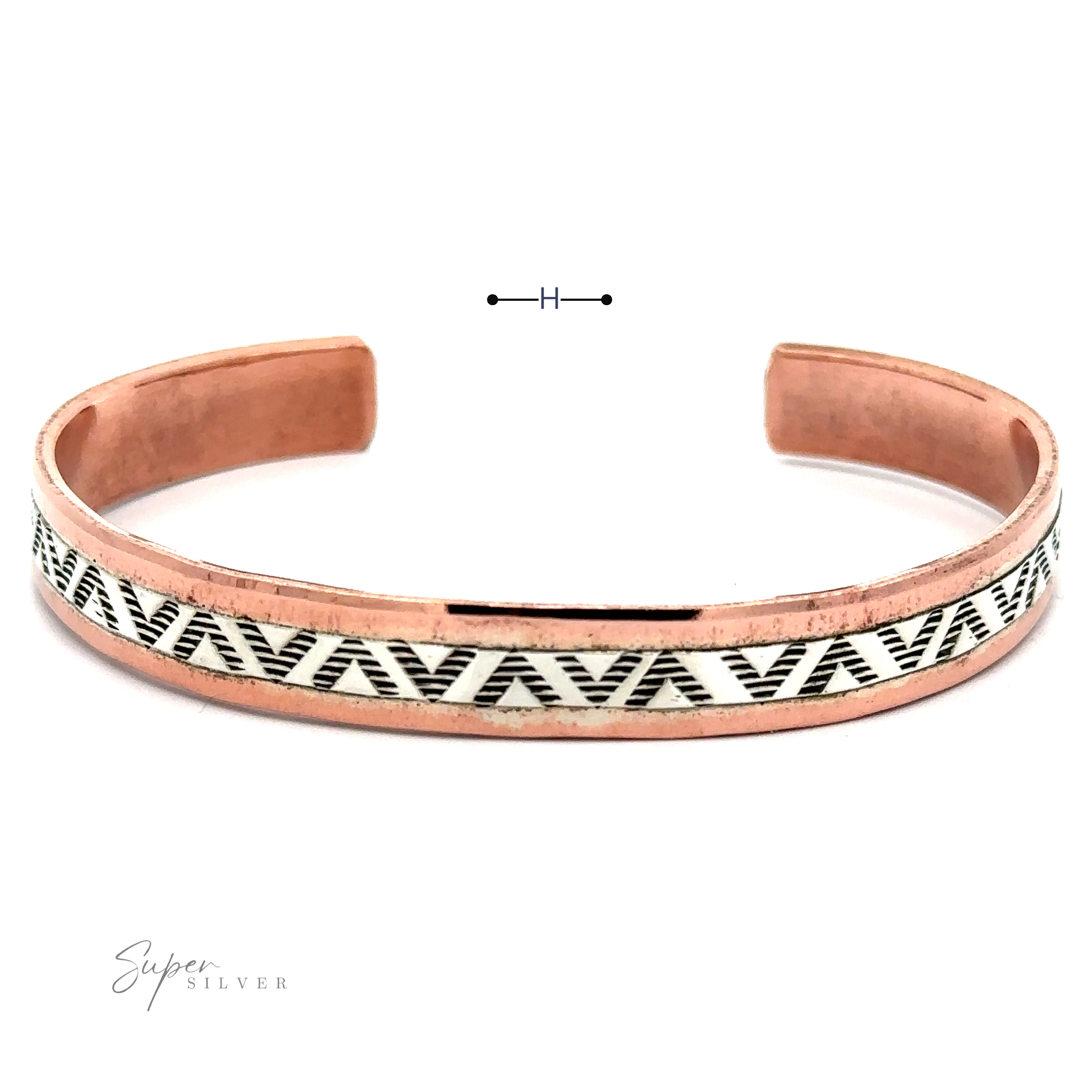 Native American Handmade Copper And Silver Bracelet with black and silver geometric patterns, shown on a white background. The open-ended sterling silver bracelet allows for adjustable sizing.