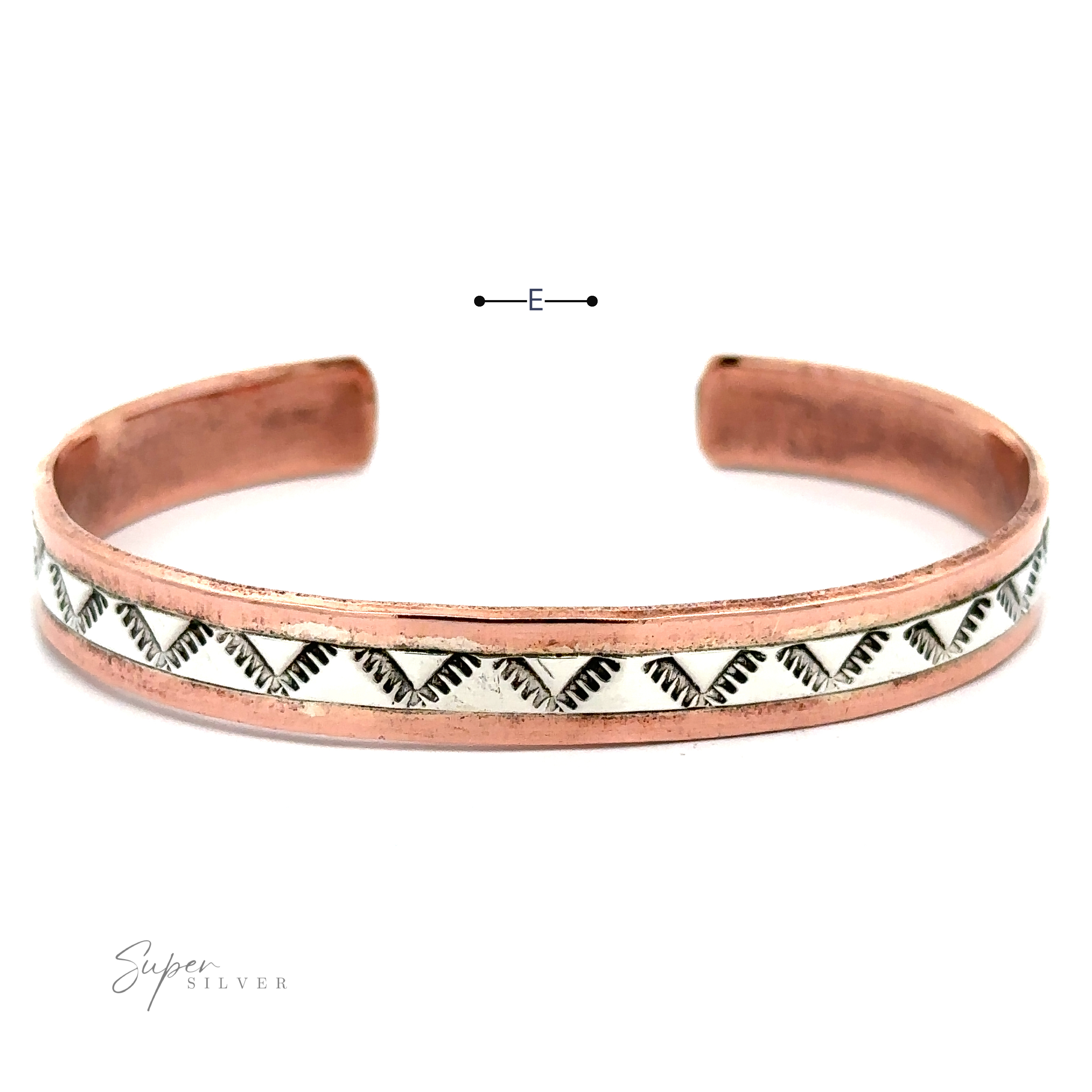Native American Handmade Copper And Silver Bracelet made from copper and adorned with a captivating zigzag pattern along the center. The open-ended bracelet boasts a polished finish.