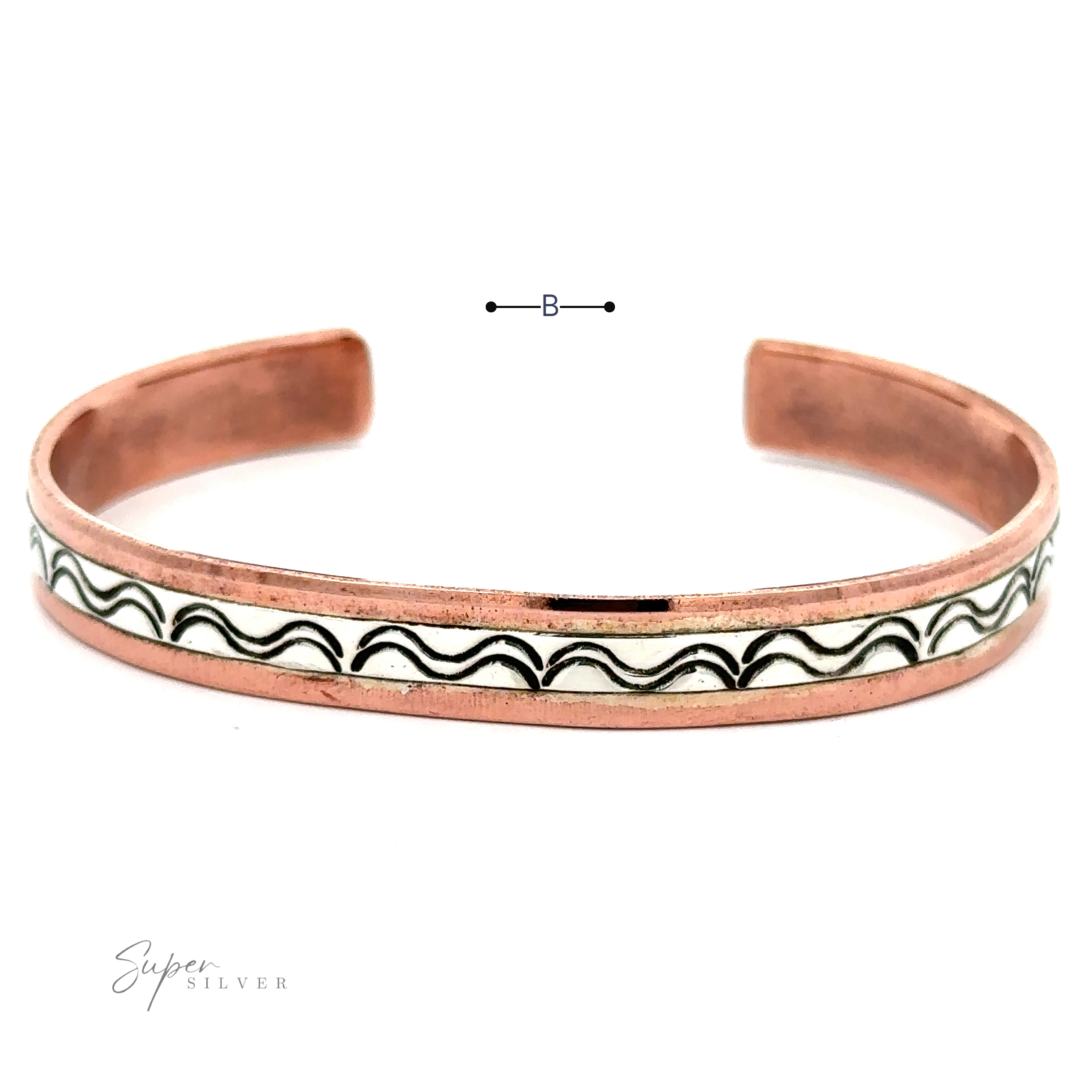 A beautifully crafted Native American Handmade Copper And Silver Bracelet with an engraved wavy pattern is shown against a white background. The brand "Super Silver" appears in the lower-left corner, highlighting its Native American handcrafted elegance.
