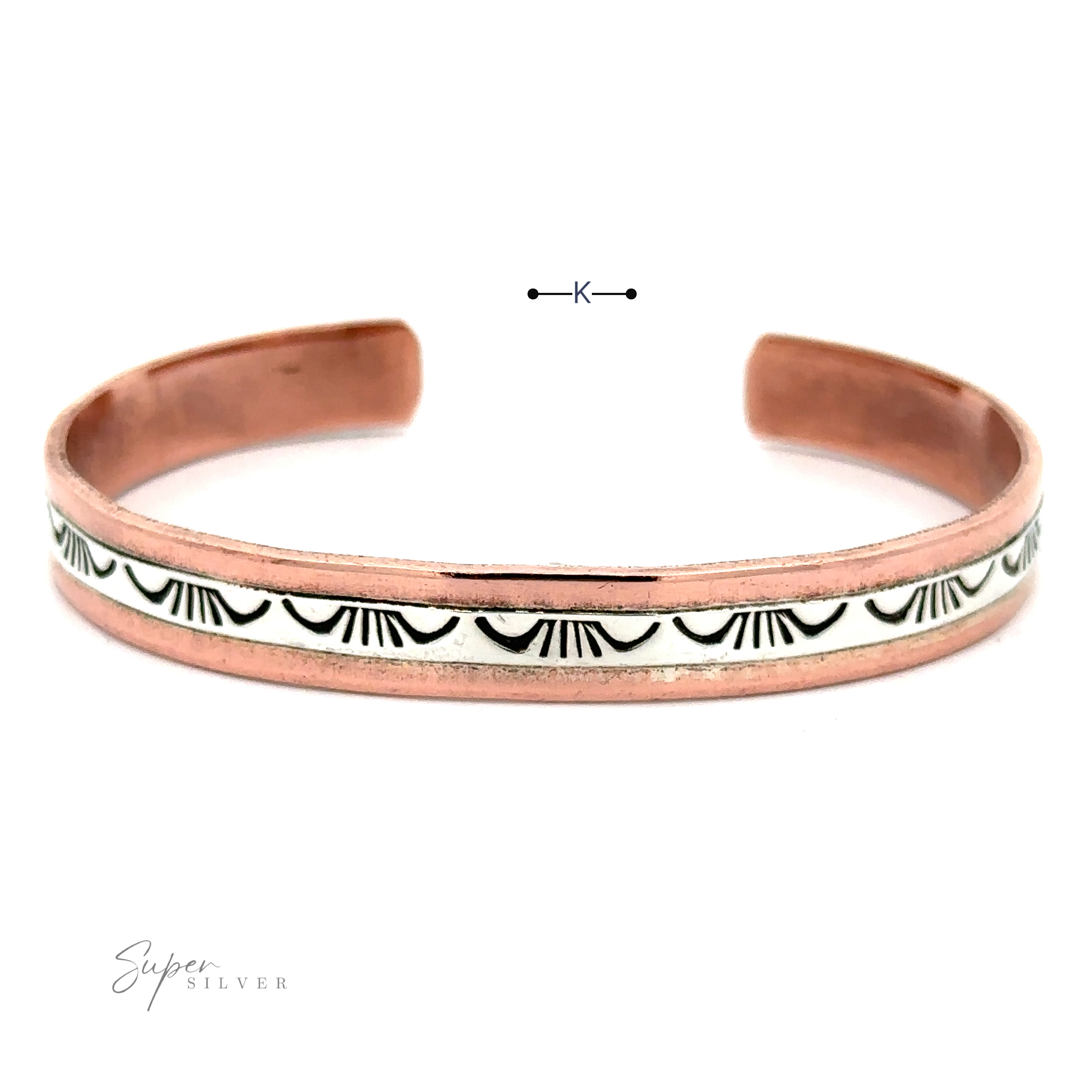 A Native American Handmade Copper And Silver Bracelet with a white enamel band featuring black geometric patterns. The open-ended bracelet showcases "Super Silver" printed on the bottom left, reflecting Native American handcrafted design elements.
