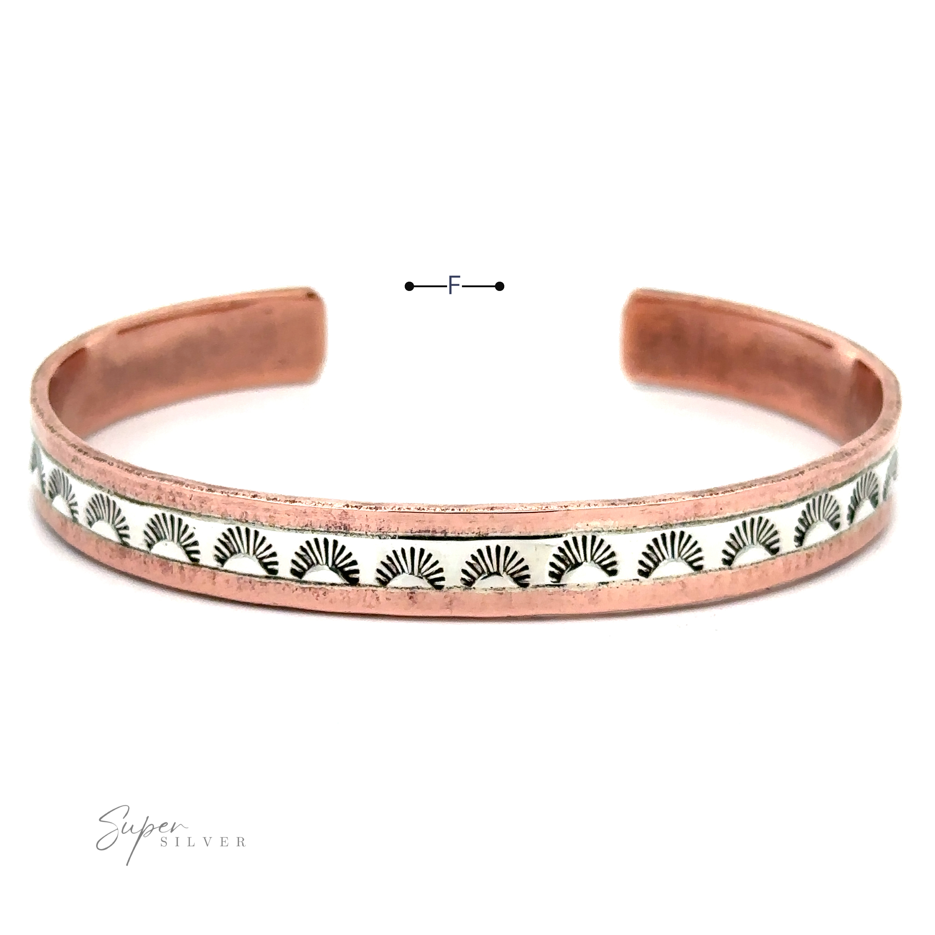 A Native American Handmade Copper And Silver Bracelet with an open end design. It features a decorative pattern in black on a lighter background along the center. The "Super Silver" logo is at the bottom left corner.