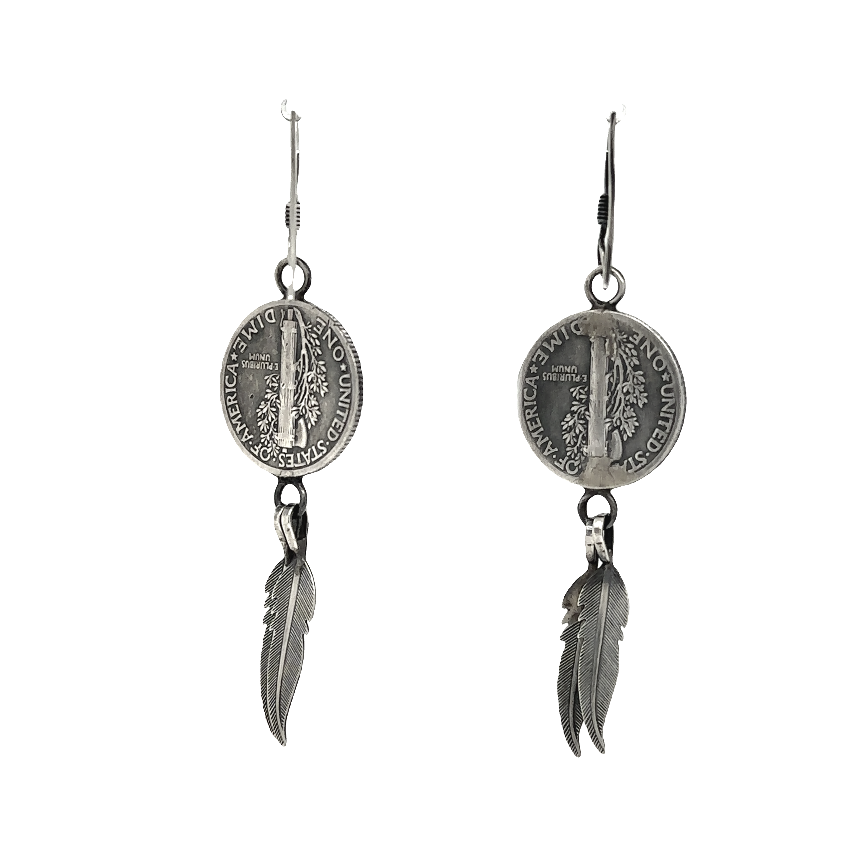 A pair of Silver Super Silver Native American Mercury Dime Earrings with feathers and Mercury dimes.