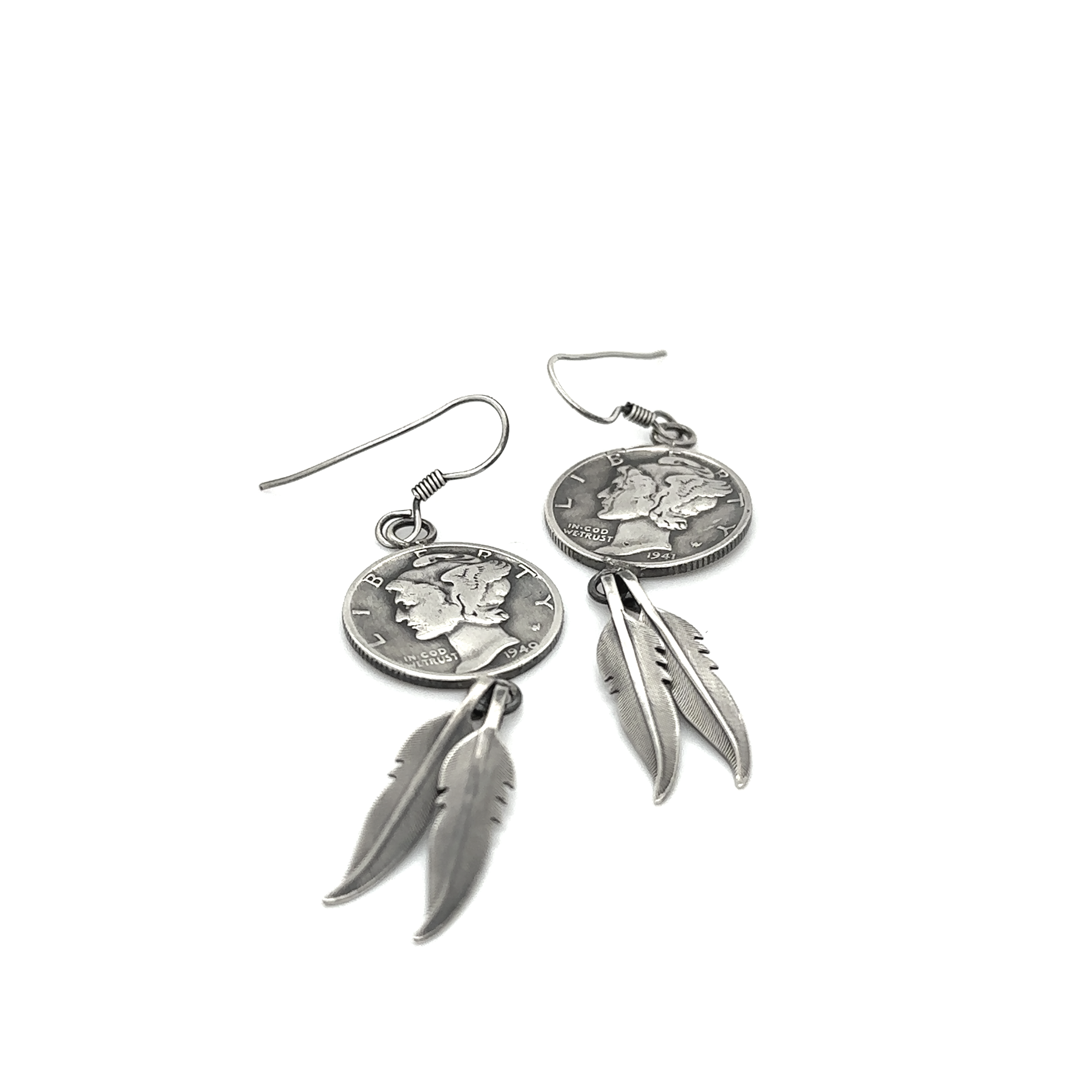 A pair of Native American Mercury Dime Earrings with feathers and a Winged Liberty Head Dime coin by Super Silver.