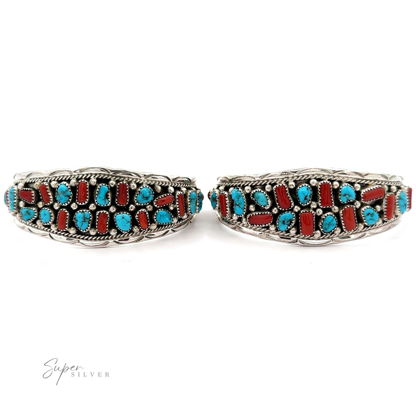
                  
                    Two Native American Cluster Turquoise Cuff Bracelets featuring turquoise and coral inlay designs, showcasing Southwest charm, arranged side by side against a white background.
                  
                