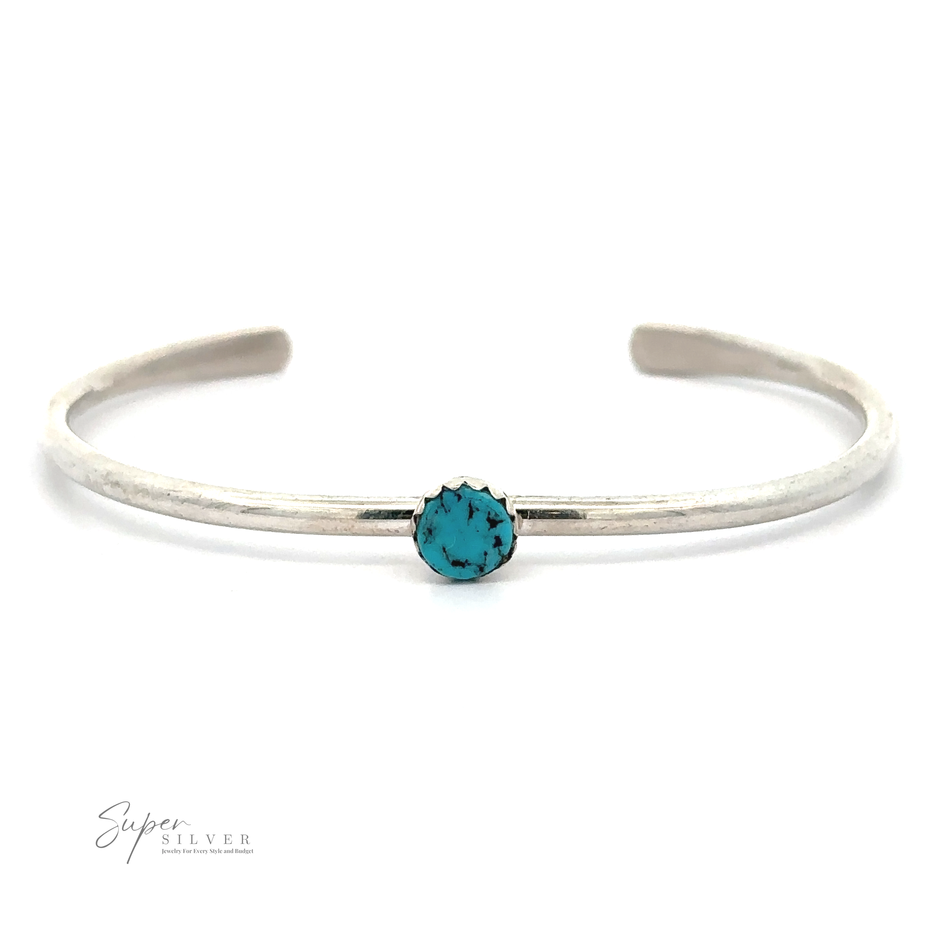 A minimalist Stackable Native American Turquoise Cuff featuring a single Kingman Turquoise stone in the center. The brand "Super Silver" is visible in the bottom left corner.
