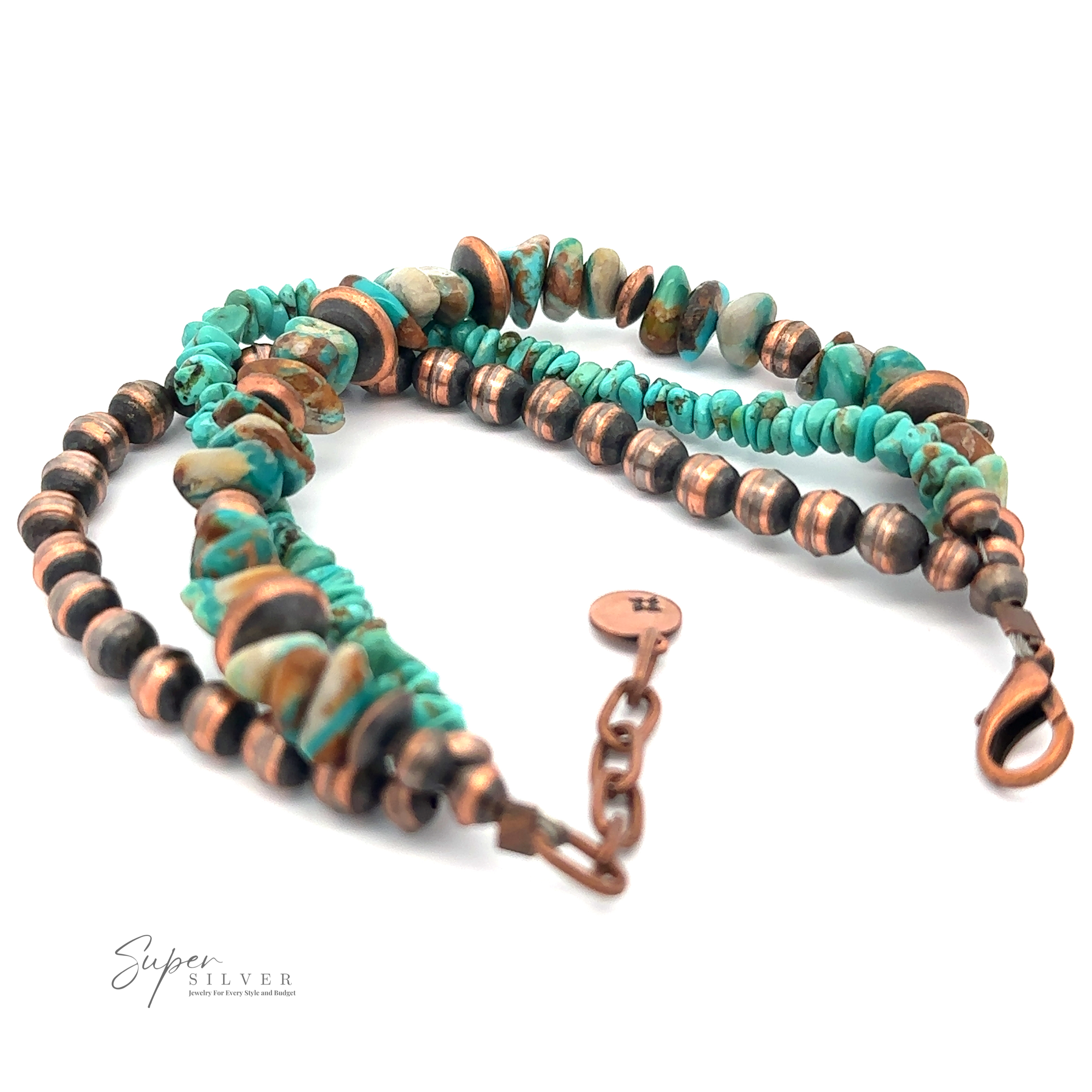 Copper and Turquoise Native American Beaded Bracelet featuring turquoise and copper-colored beads, with a lobster claw clasp and an adjustable chain. A small tag near the clasp displays the brand name "Super Silver." Perfect for adding a touch of bohemian jewelry charm to any outfit.