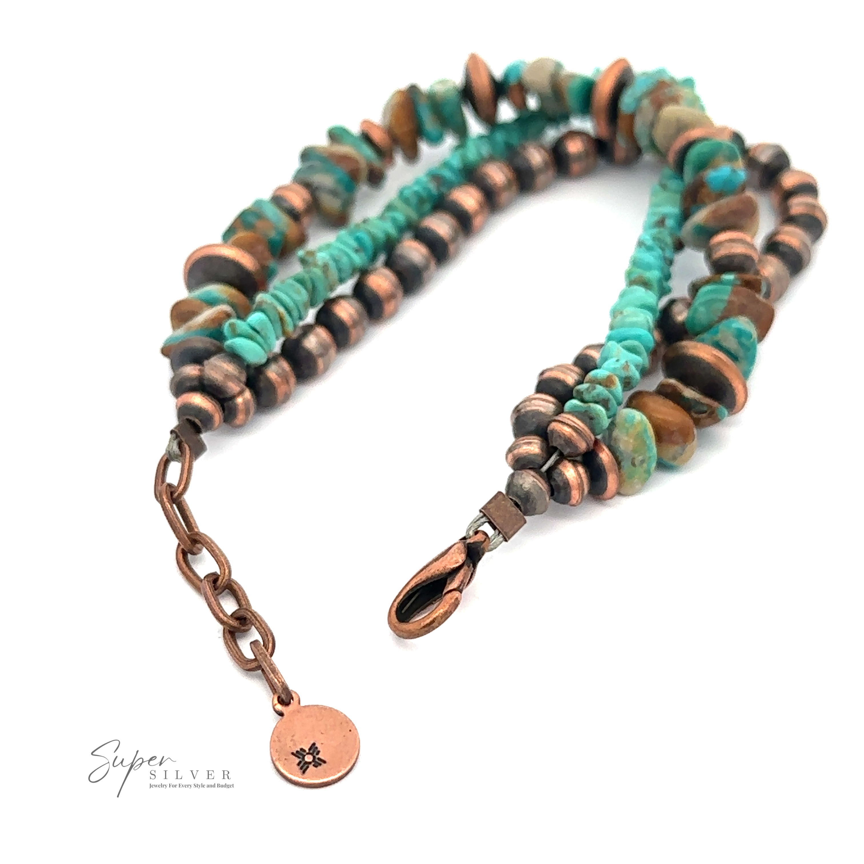 A stunning Copper and Turquoise Native American Beaded Bracelet, featuring a chain and clasp. It includes a round tag engraved with a small star design, making it the perfect piece of Bohemian jewelry.