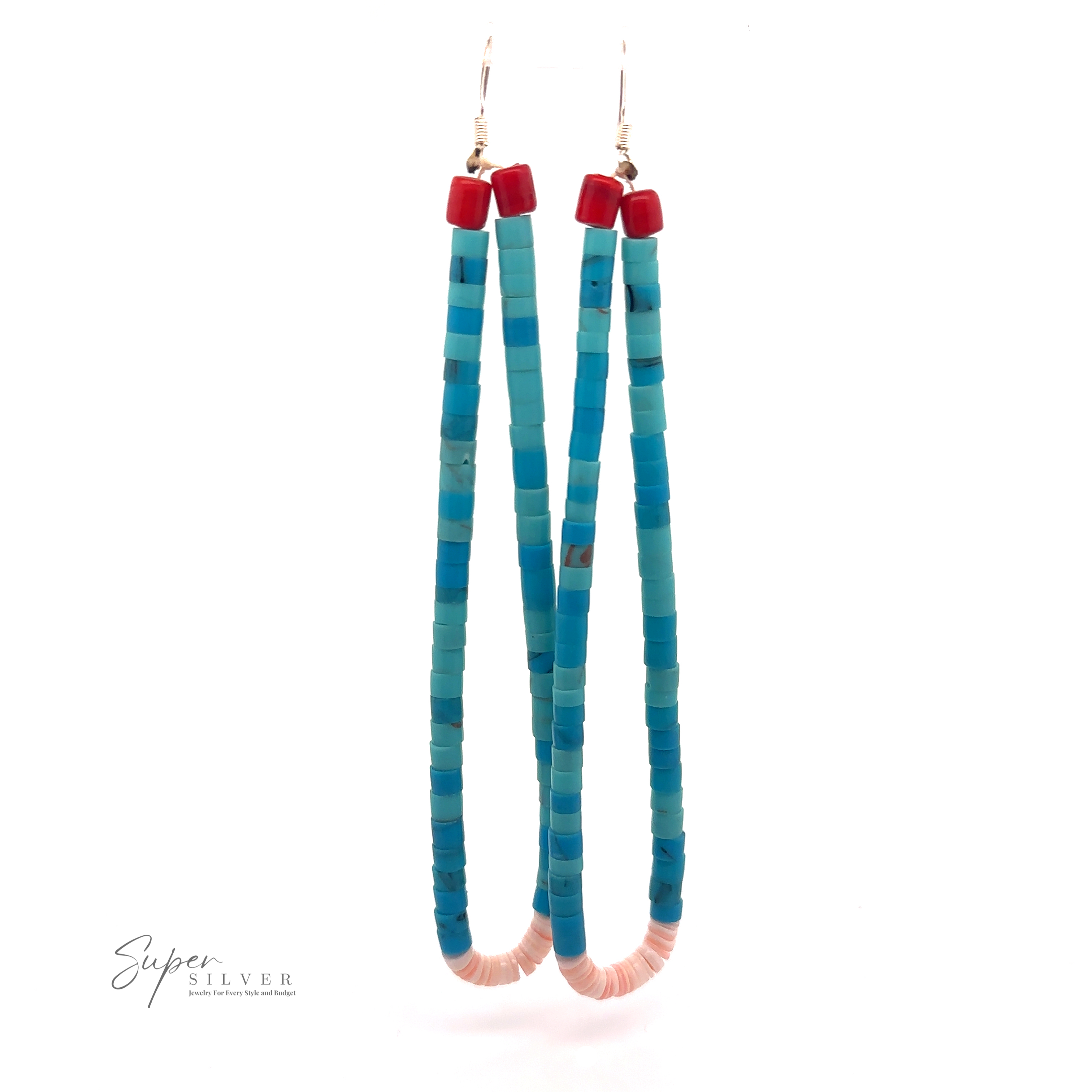 A pair of Long Turquoise Native American Beaded Earrings featuring blue and turquoise beads with coral accents at the top, hanging from silver hooks. Evoking a sense of Native American jewelry, the brand logo "Super Silver" is visible in the lower left corner.