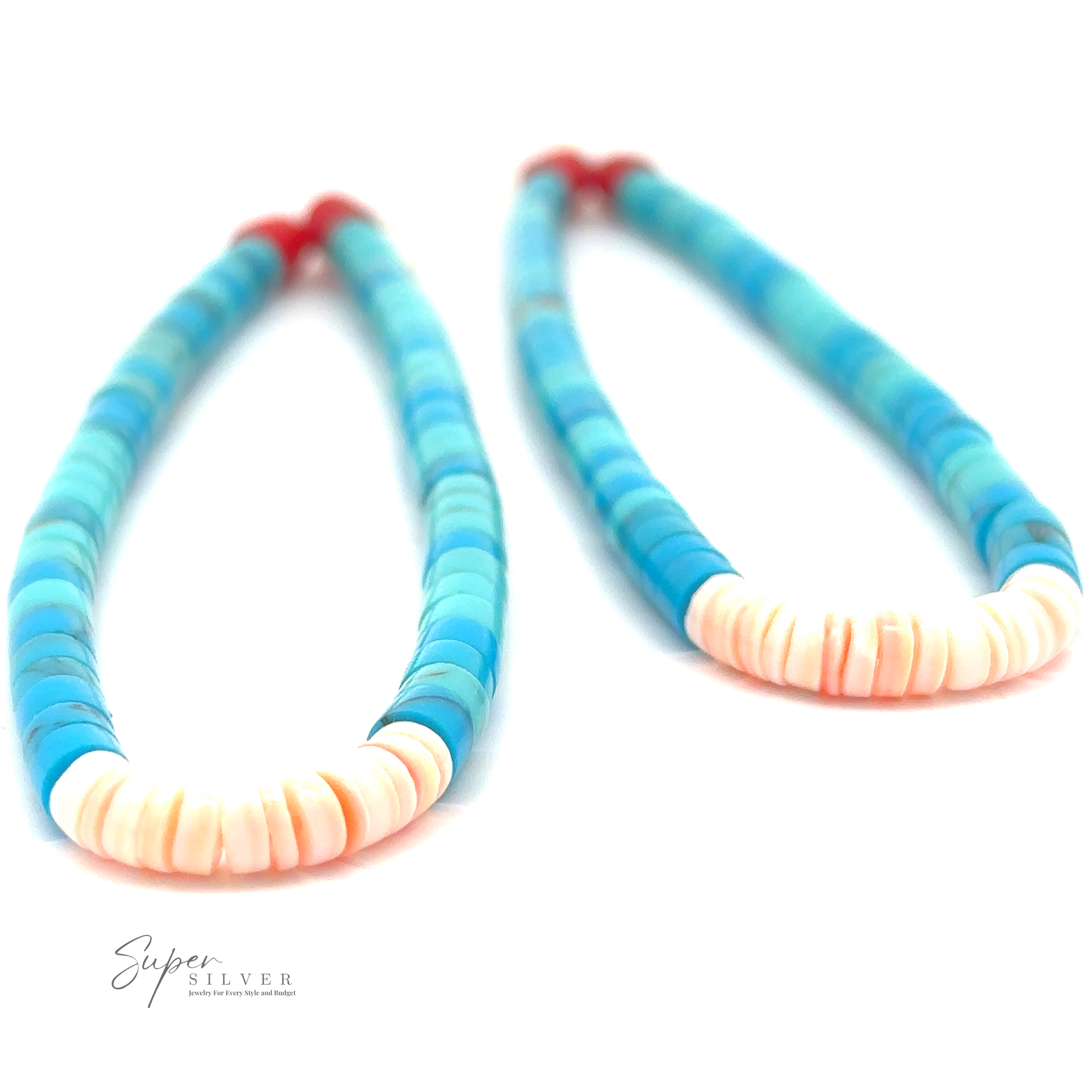 Two turquoise beaded loops with pink accents at the bottom, reminiscent of exquisite Native American jewelry, are displayed on a white background. The logo "Long Turquoise Native American Beaded Earrings" is visible in the lower left corner.
