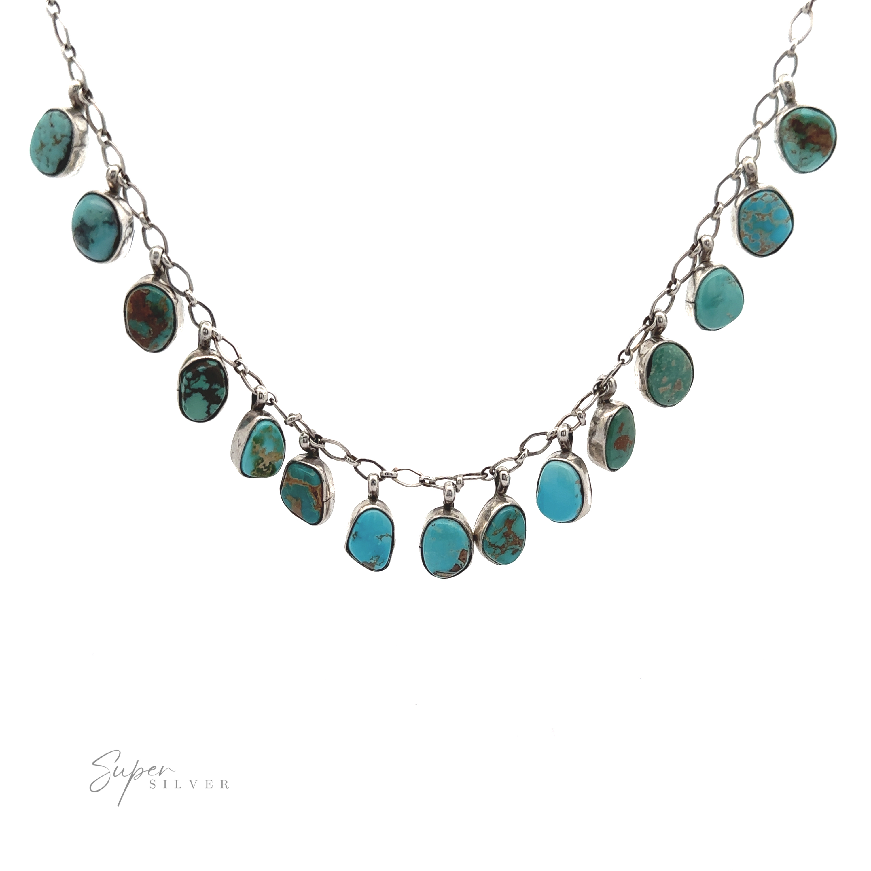 Handcrafted Charm Turquoise Necklace with multiple natural American turquoise stones in teardrop shapes, isolated on a white background with a signature in the bottom right corner.