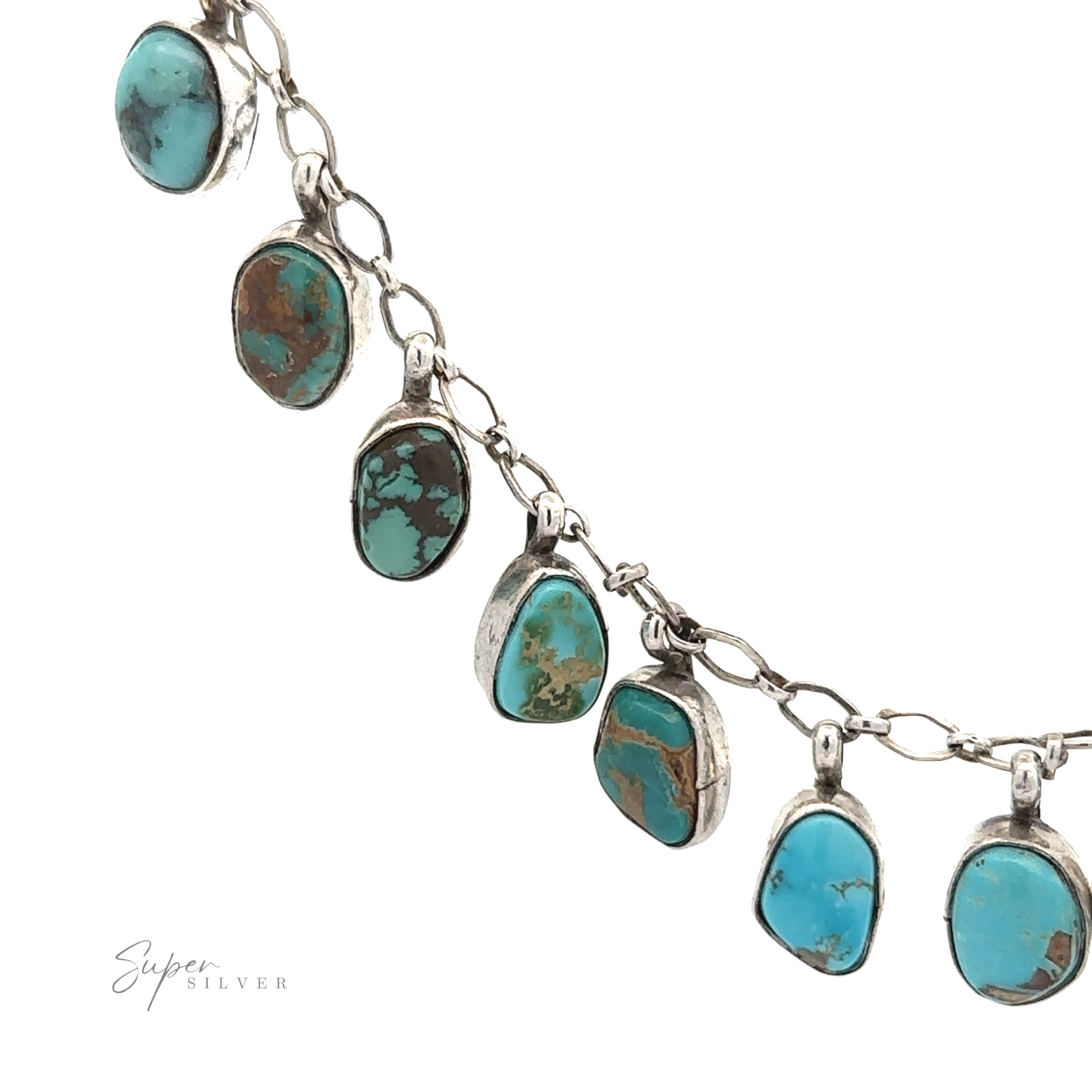 Handcrafted Charm Turquoise necklace with oval-shaped stones displayed against a white background, with the text "super silver.