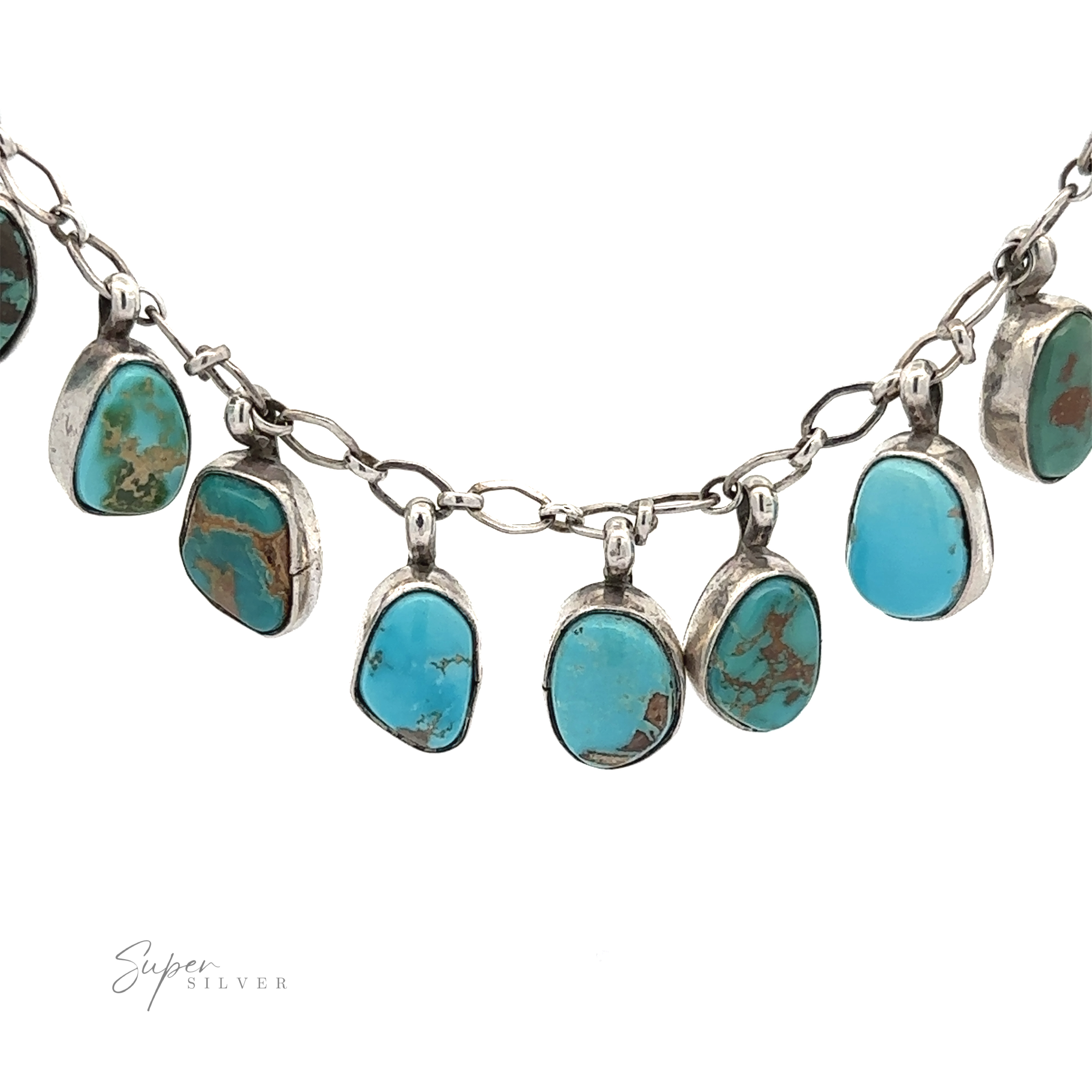 Handcrafted Charm Turquoise Necklace with multiple turquoise stones in teardrop and oval shapes, displayed against a white background.
