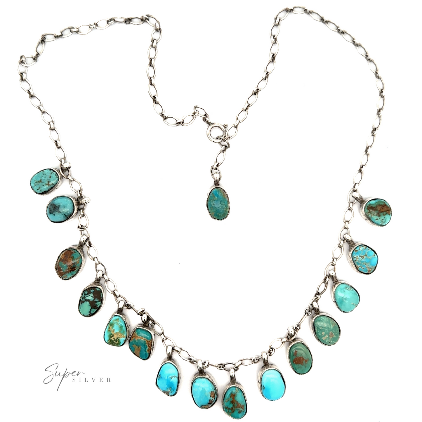 Handcrafted Charm Turquoise Necklace with multiple turquoise stones set in teardrop shapes, displayed on a white background.