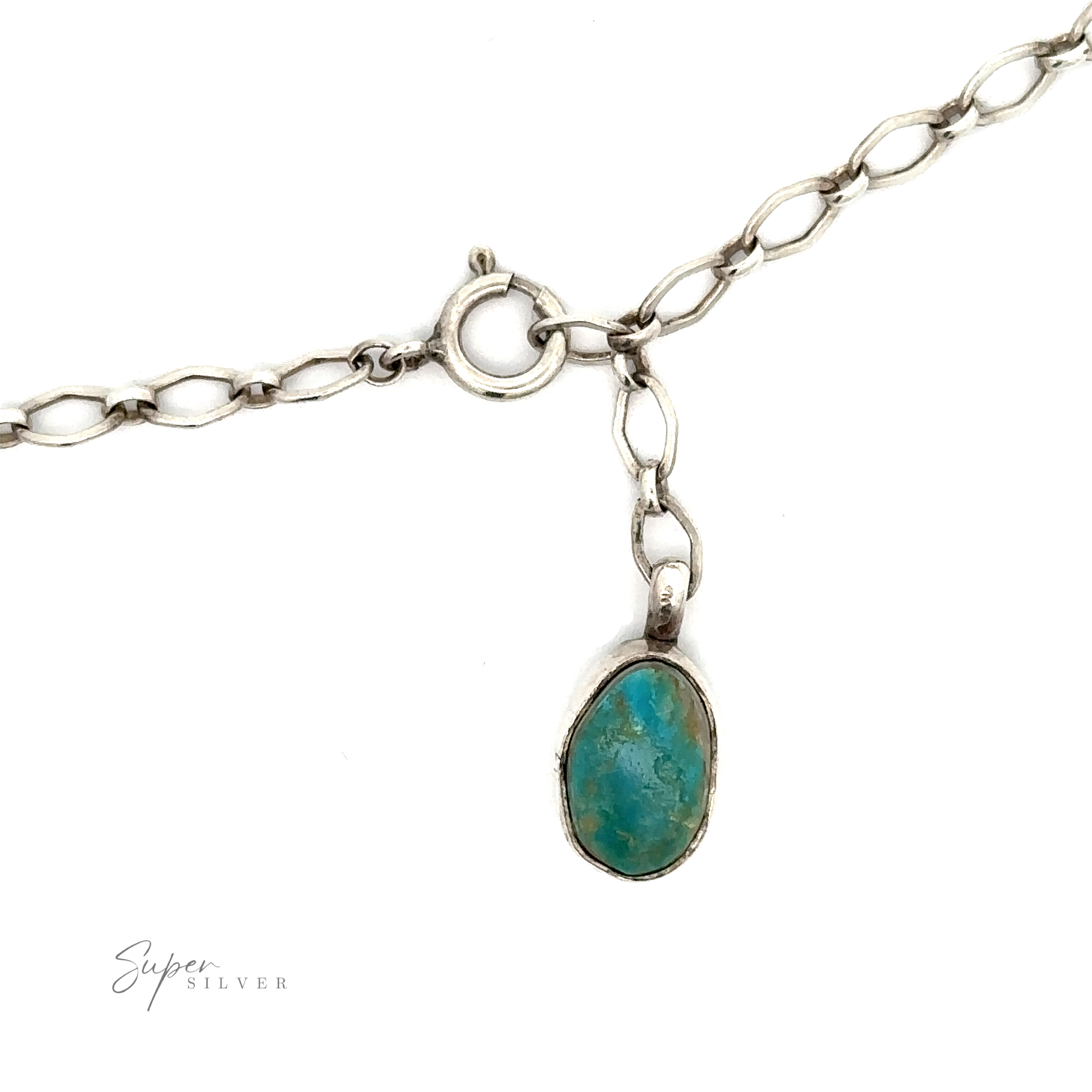 Handcrafted Charm Turquoise Necklace with a Native American turquoise pendant on a white background, featuring a chain link clasp.