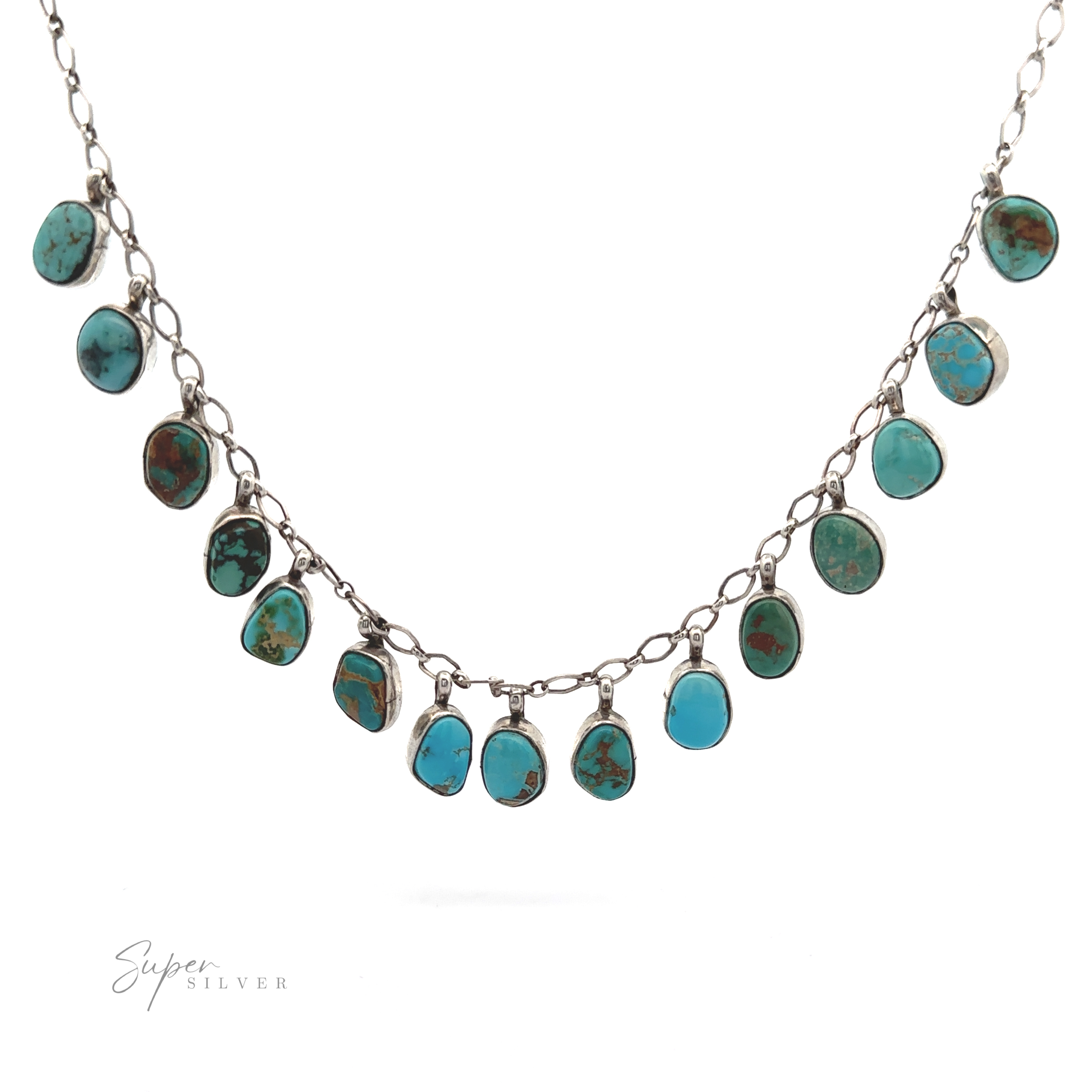 Handcrafted Charm Turquoise Necklace with multiple turquoise stones in various shapes, displayed on a white background.