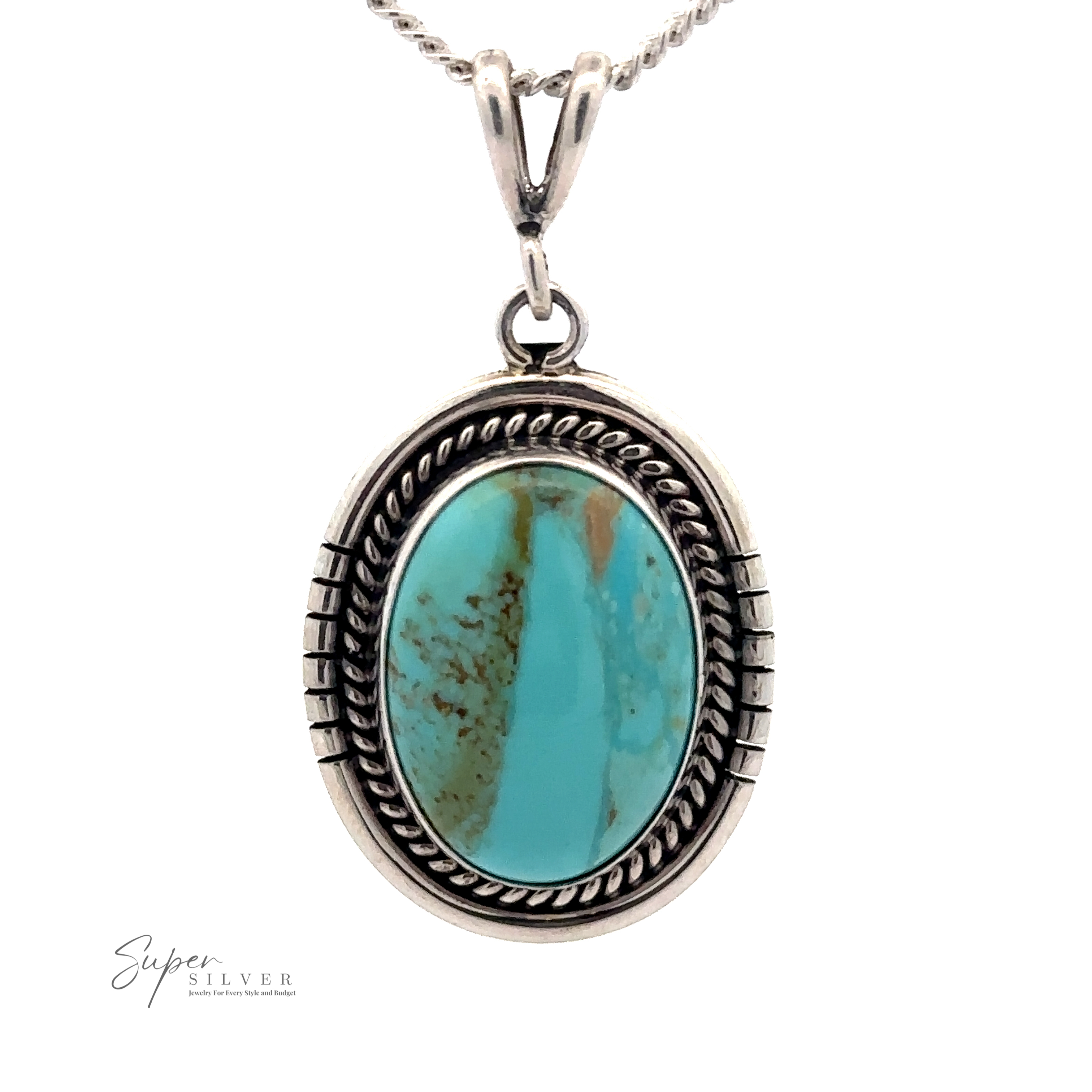 A Native American Turquoise Oval Pendant featuring an oval turquoise stone with brown veining, set in a detailed bezel setting made of .925 sterling silver. "Super Silver" is written at the bottom left corner.