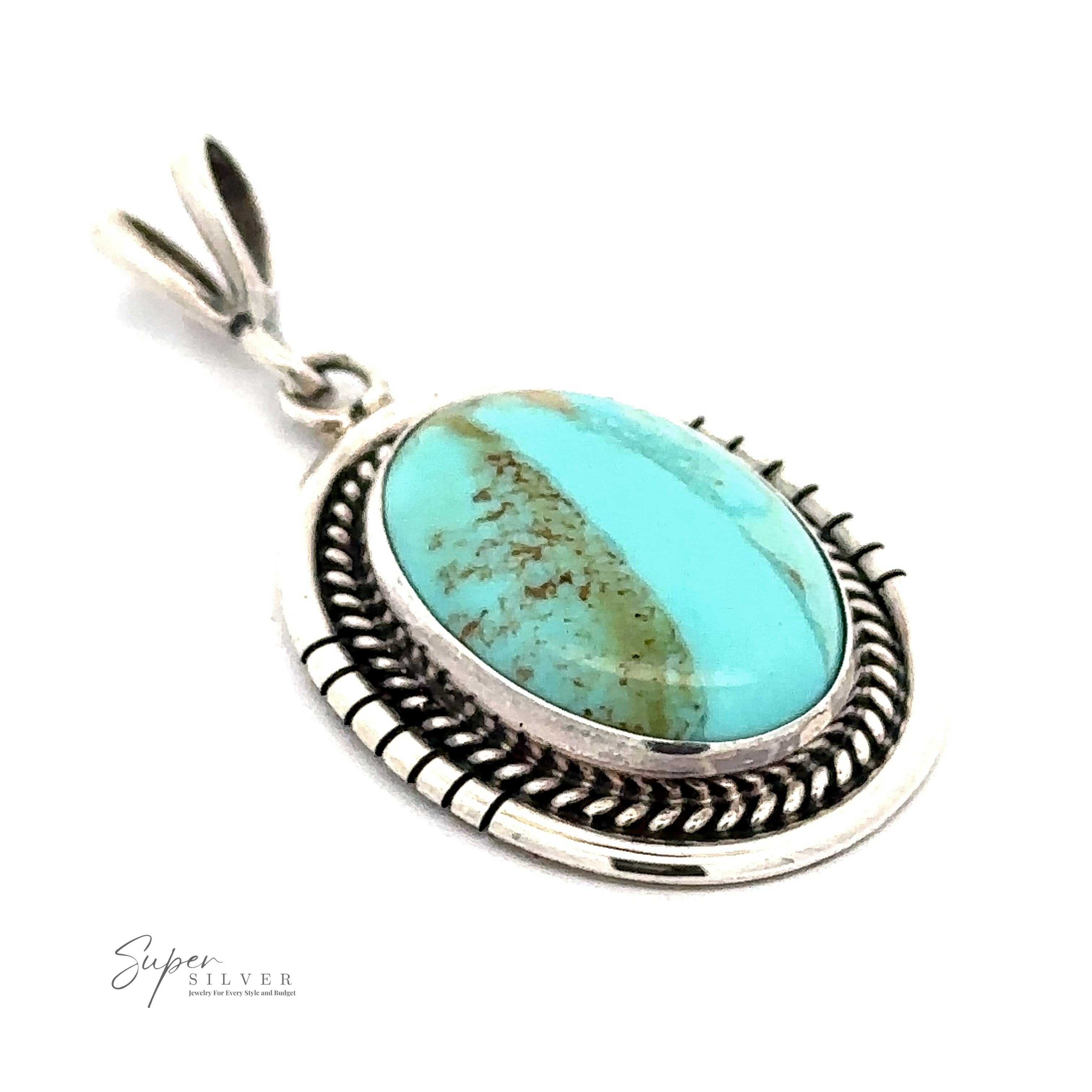 A stunning Native American Turquoise Oval Pendant featuring an oval turquoise stone, framed with intricate silver detailing, evoking the artistry of Native American craftsmanship. This piece is made from .925 Sterling Silver.