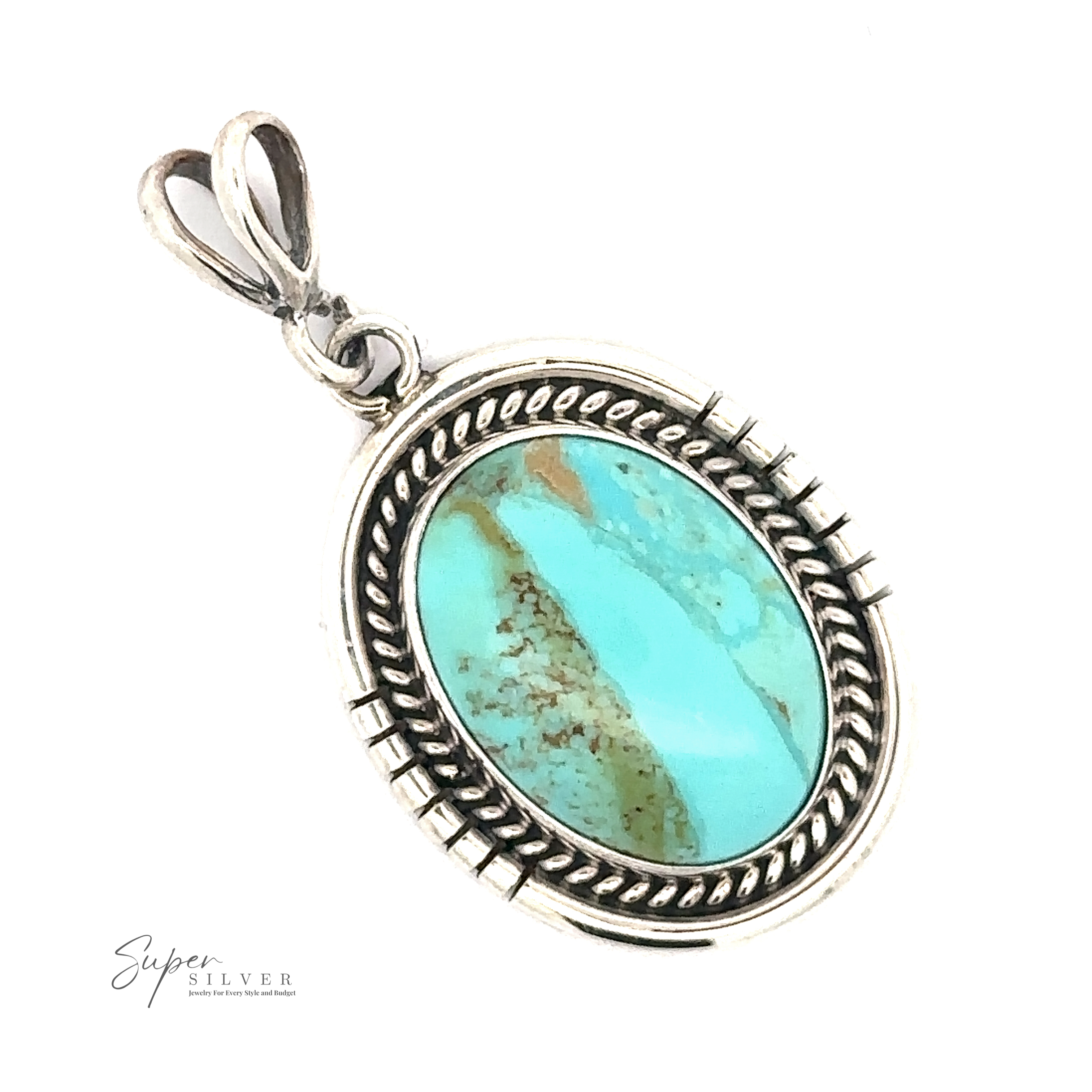 Native American Turquoise Oval Pendant with a .925 Sterling Silver frame and twisted rope design. The pendant has a double loop at the top for attaching to a necklace. A logo "Super Silver" is visible in the lower left corner, evoking traditional Native American craftsmanship.