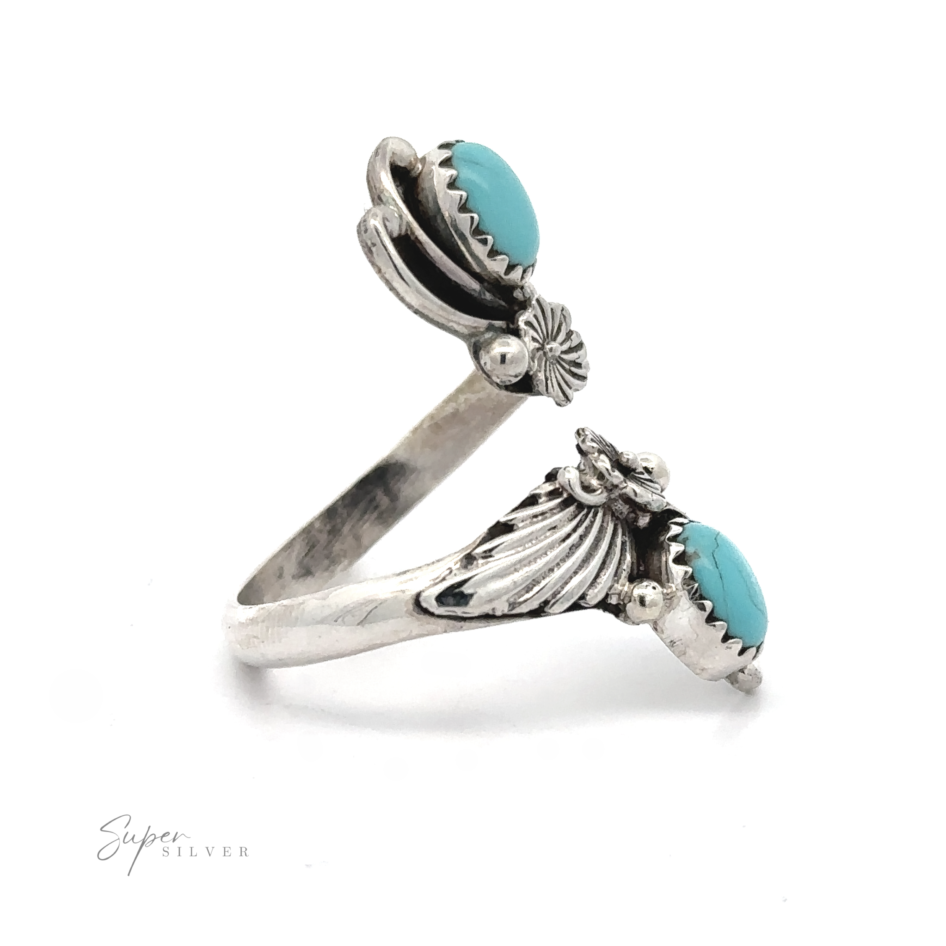 Silver Native American Adjustable Stone Floral Wrap Ring with two Turquoise stones and decorative flower and wing elements on a white background.