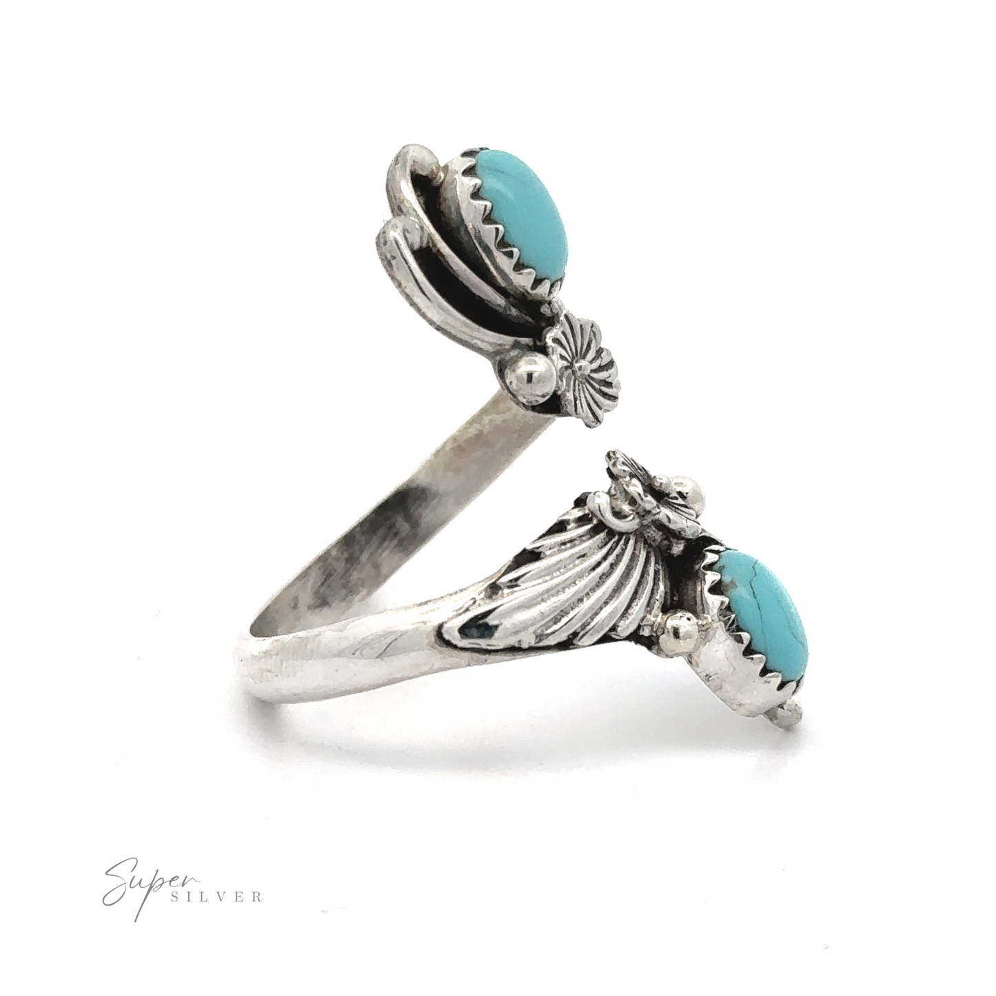 
                  
                    Silver Native American Adjustable Stone Floral Wrap Ring with two Turquoise stones and decorative flower and wing elements on a white background.
                  
                