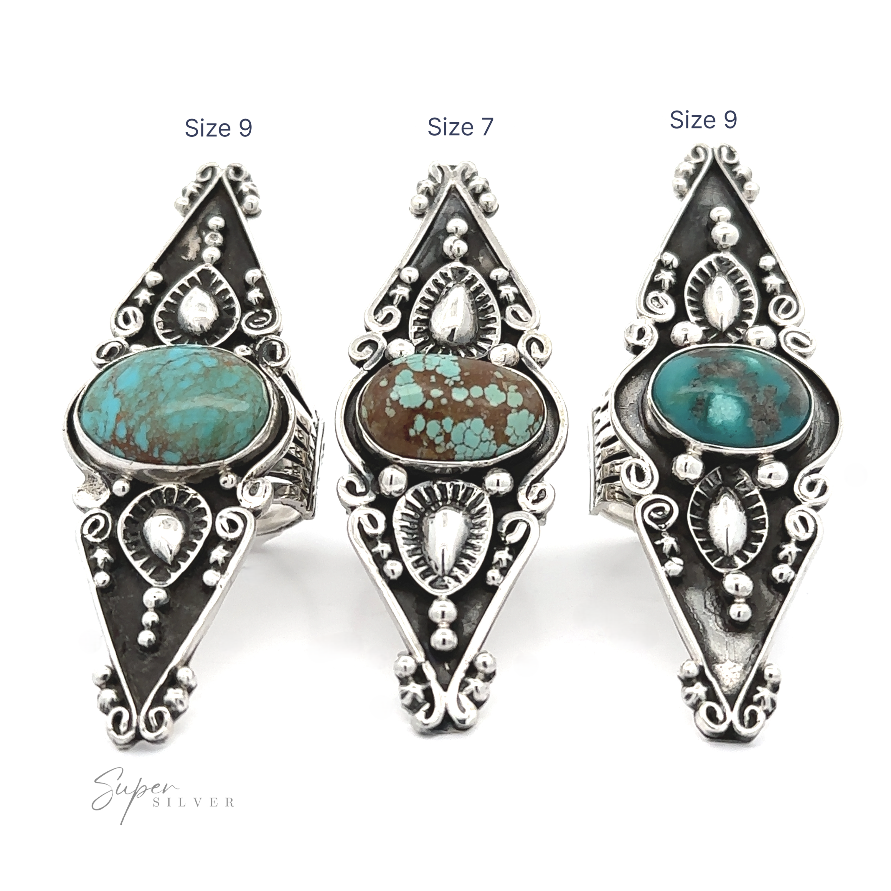 Three turquoise and silver Stunning Native American statement rings in different sizes, displayed with labels indicating sizes 9 and 7, featuring intricate Southwest artistry.