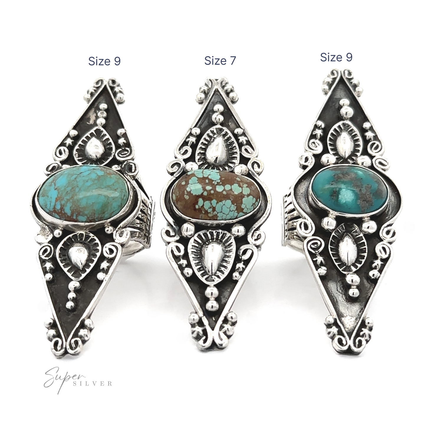 
                  
                    Three turquoise and silver Stunning Native American statement rings in different sizes, displayed with labels indicating sizes 9 and 7, featuring intricate Southwest artistry.
                  
                