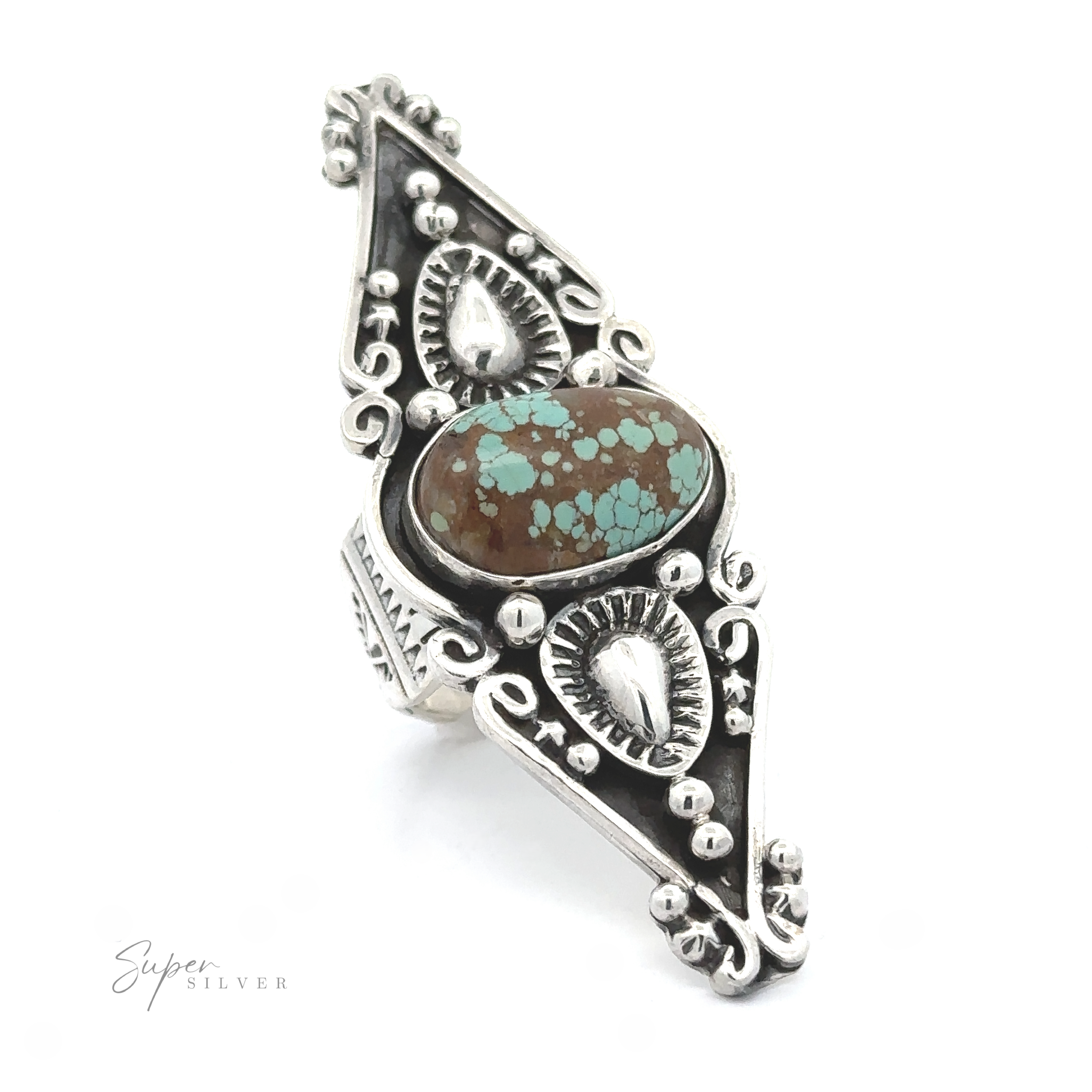 A triangular-shaped silver ring with intricate designs and a central turquoise stone, inspired by Stunning Native American Statement Ring aesthetics, displayed against a white background.