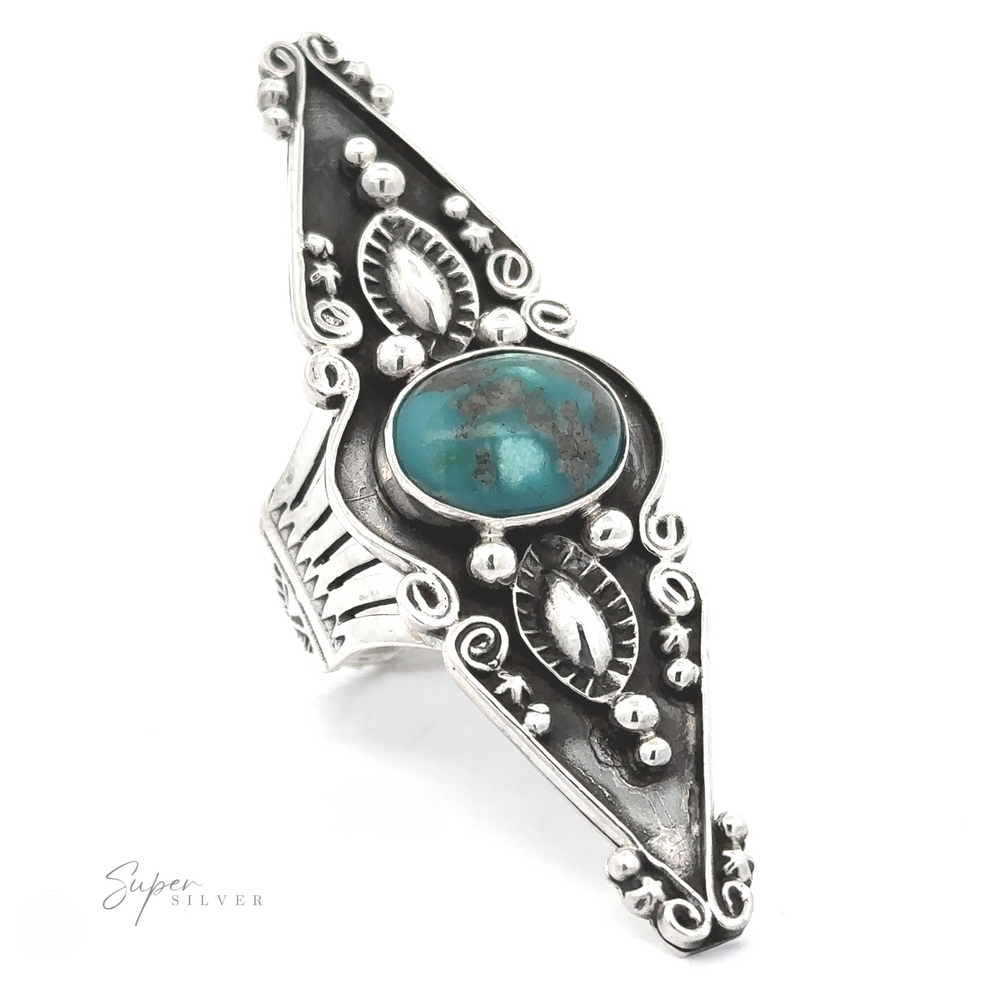 
                  
                    A triangular Stunning Native American Statement Ring featuring Southwest artistry and embedded with a central turquoise stone, isolated on a white background.
                  
                