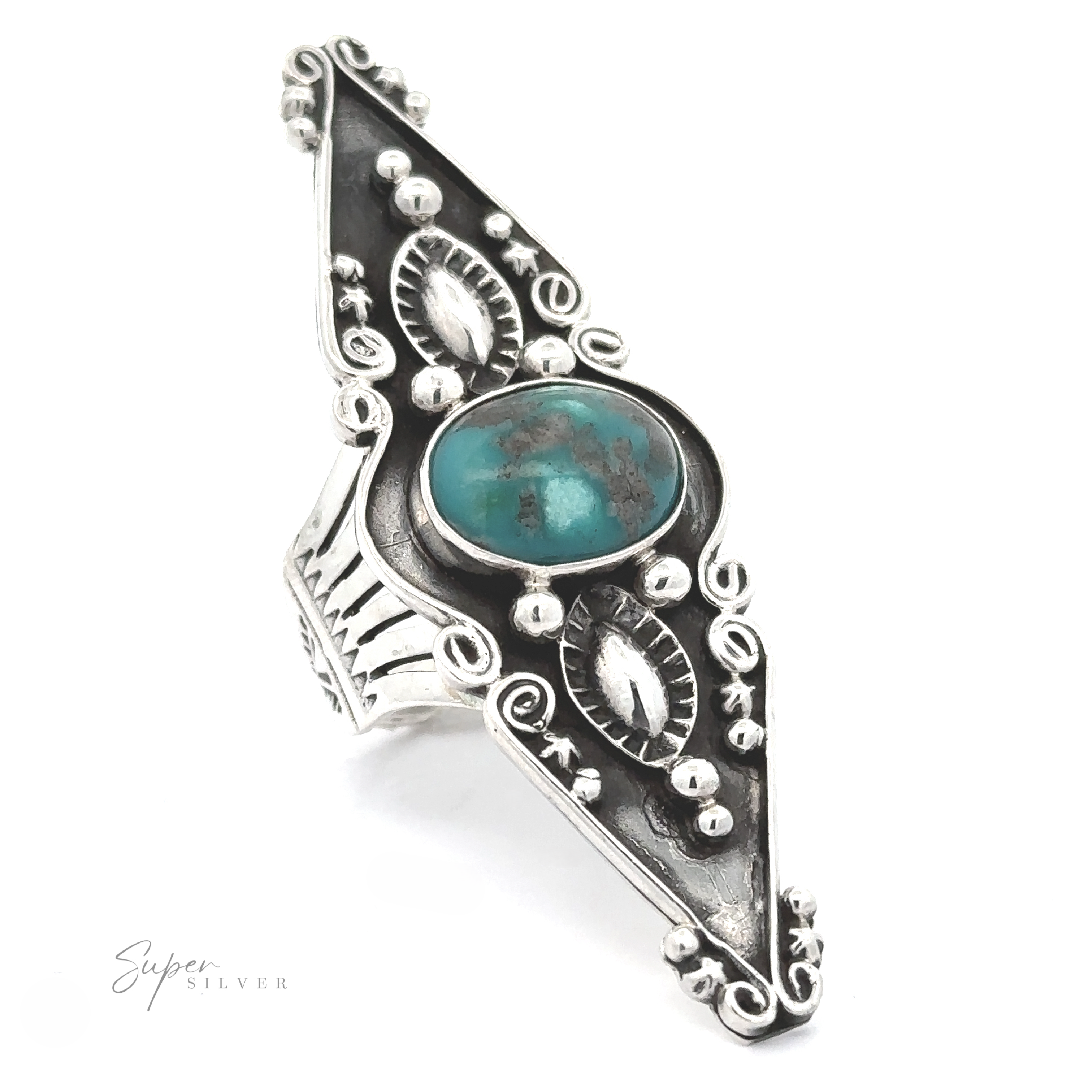 A triangular Stunning Native American Statement Ring featuring Southwest artistry and embedded with a central turquoise stone, isolated on a white background.