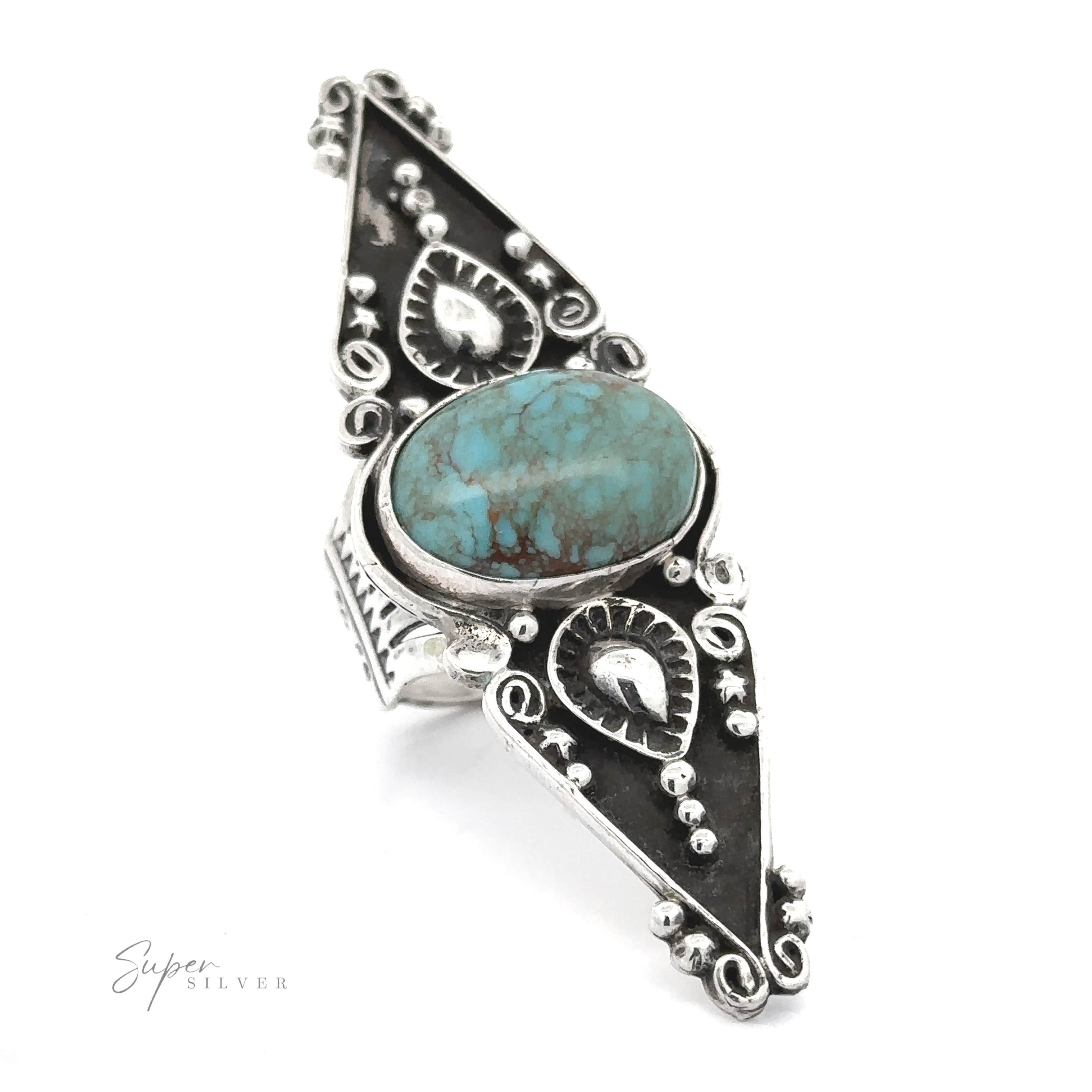 Stunning Native American Statement Ring featuring a central turquoise stone and Southwest artistry, isolated on a white background.
