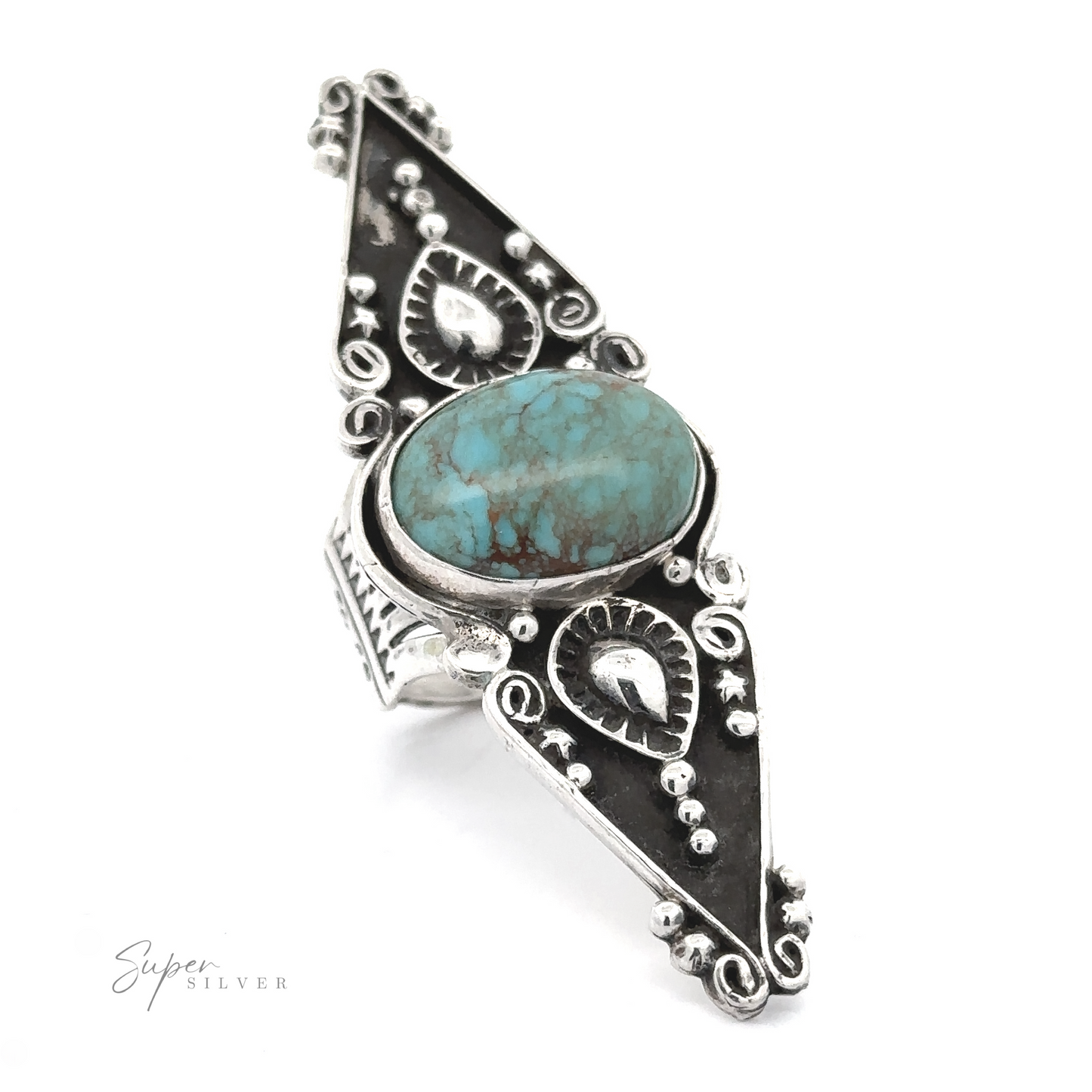 
                  
                    Stunning Native American Statement Ring featuring a central turquoise stone and Southwest artistry, isolated on a white background.
                  
                