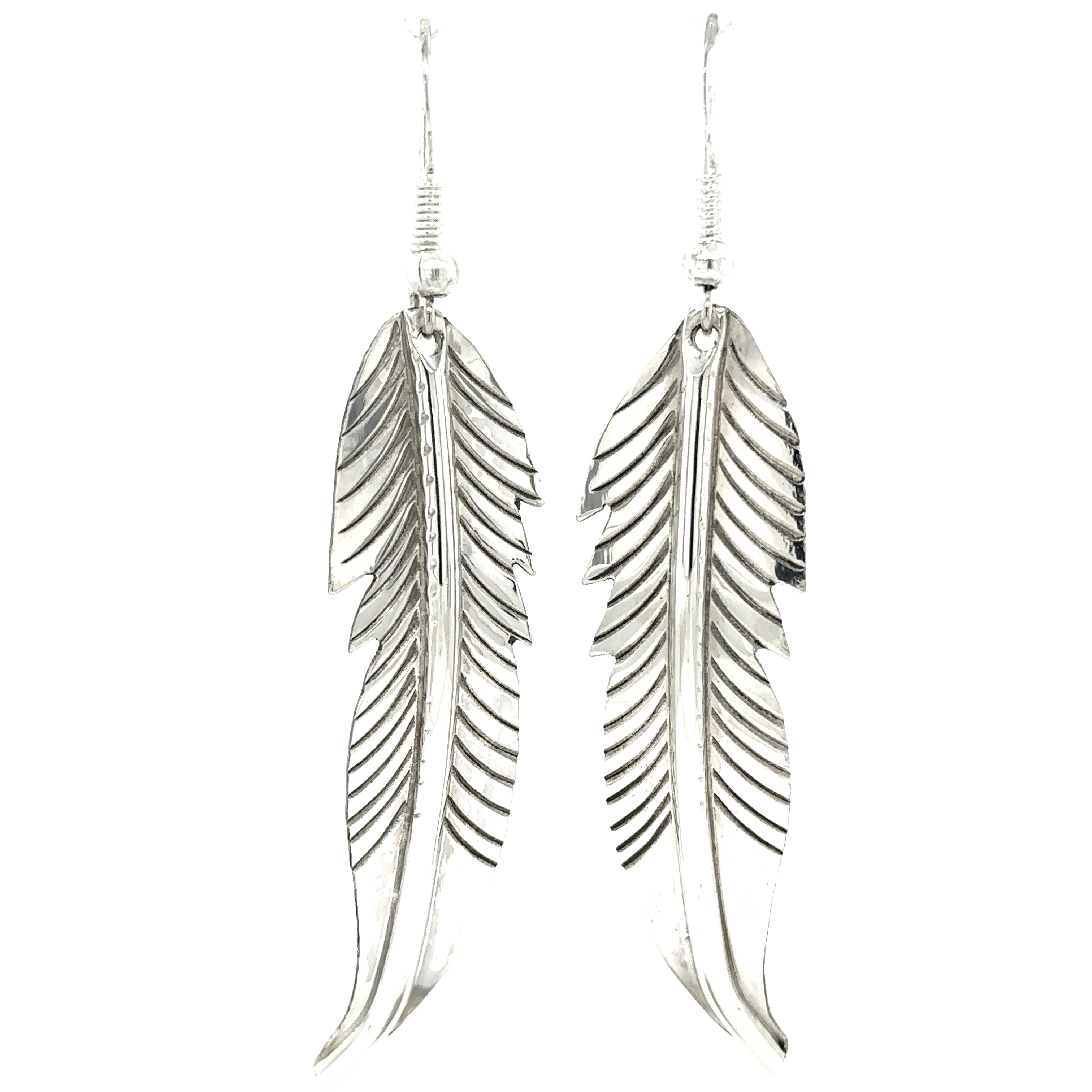 A pair of Super Silver Striking Native American Feather Earrings on a white background.