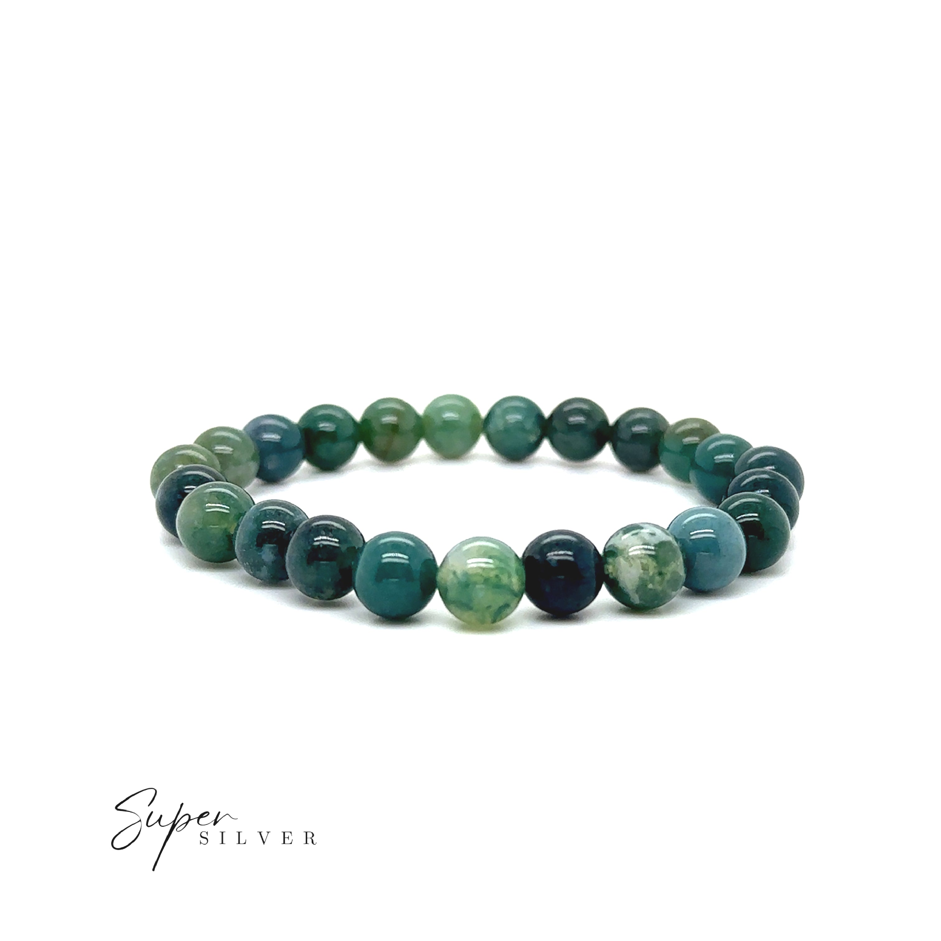 Beaded Stone Bracelets featuring polished green and blue stones are displayed in a circle on a white background, with the "Super Silver" logo in the lower left corner.