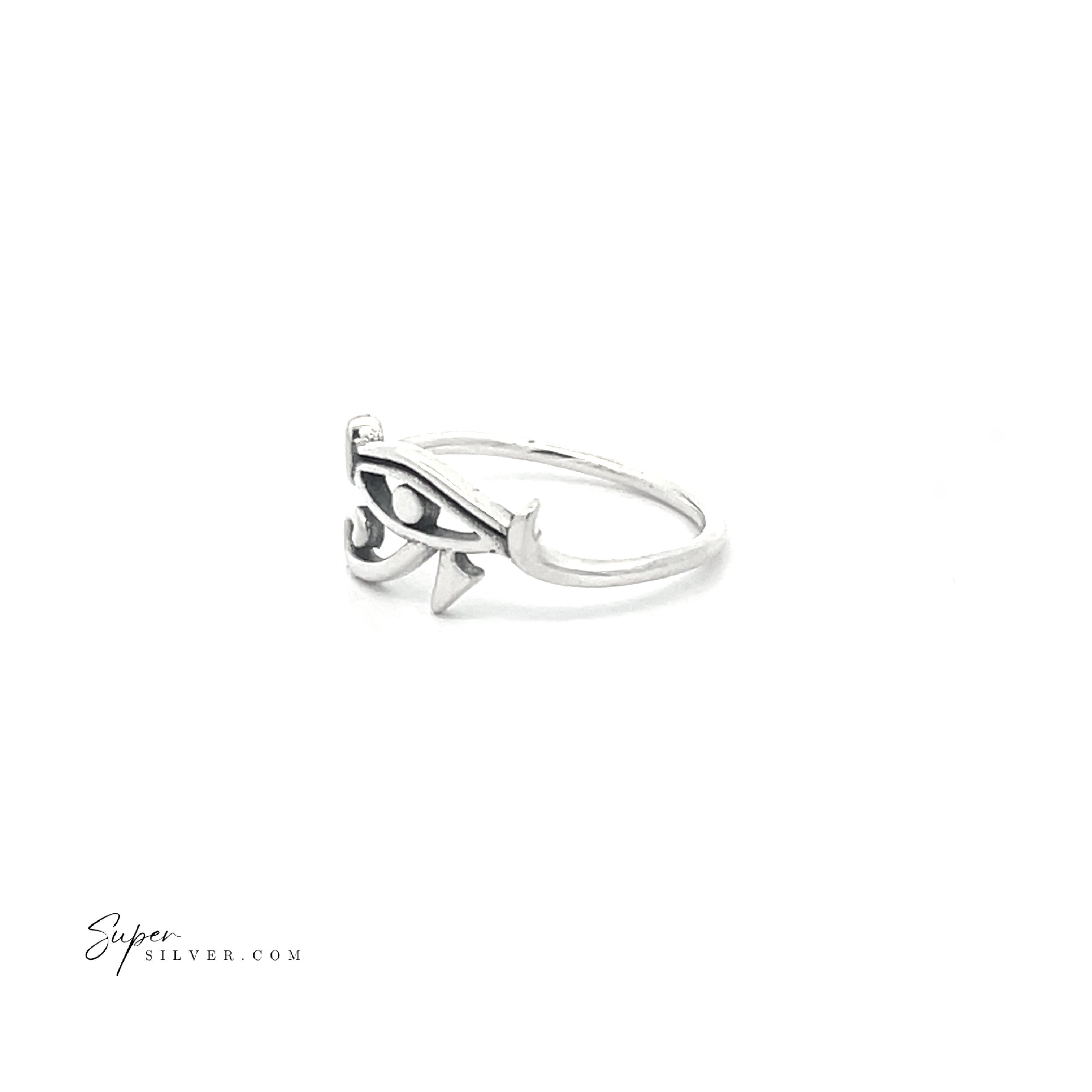Simple Eye of Ra Ring crafted from sterling silver, featuring the iconic Eye of Ra design set against a pristine white background, and enhanced with a high polish finish.