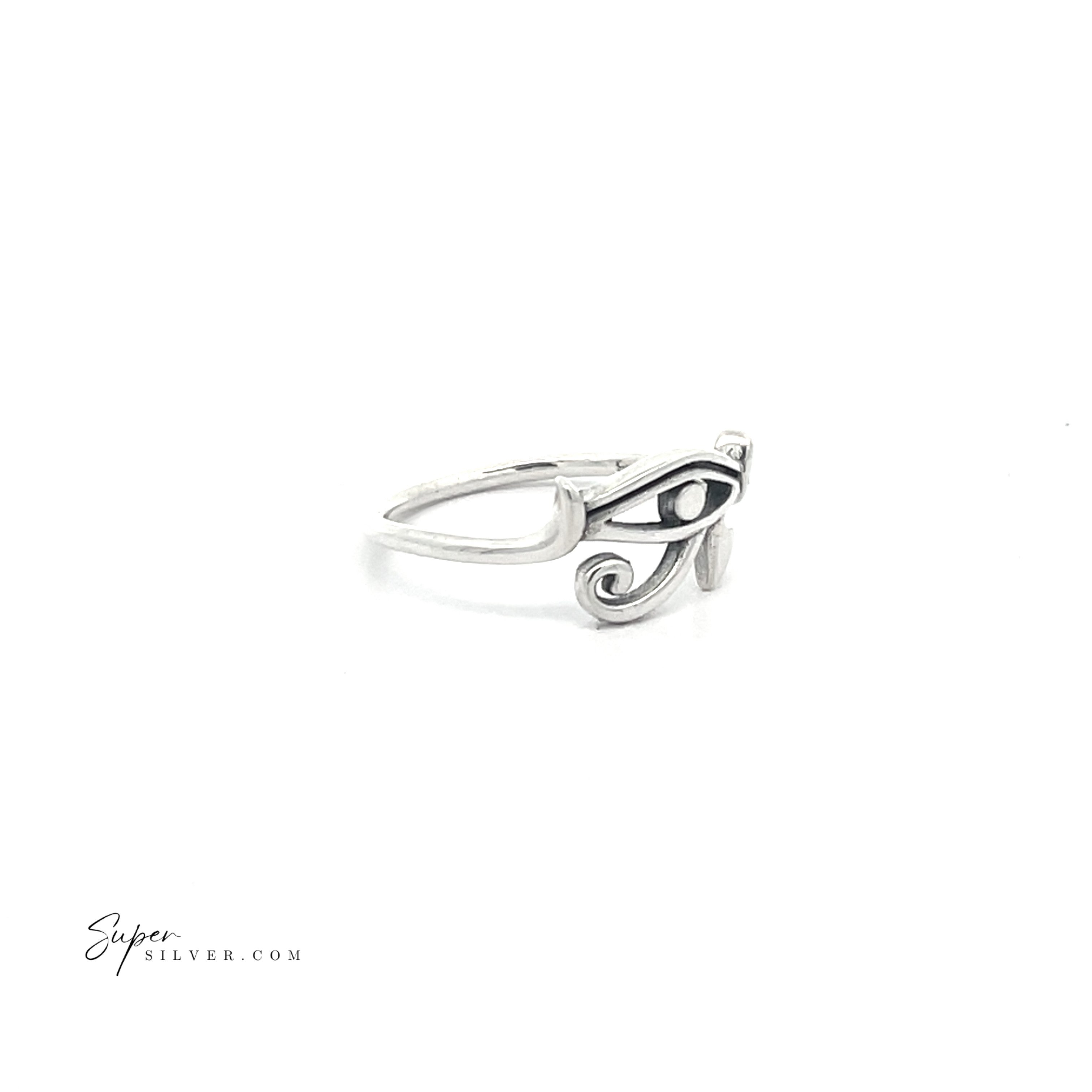 Sterling silver ring with a Simple Eye of Ra design on a high polish band against a white background.