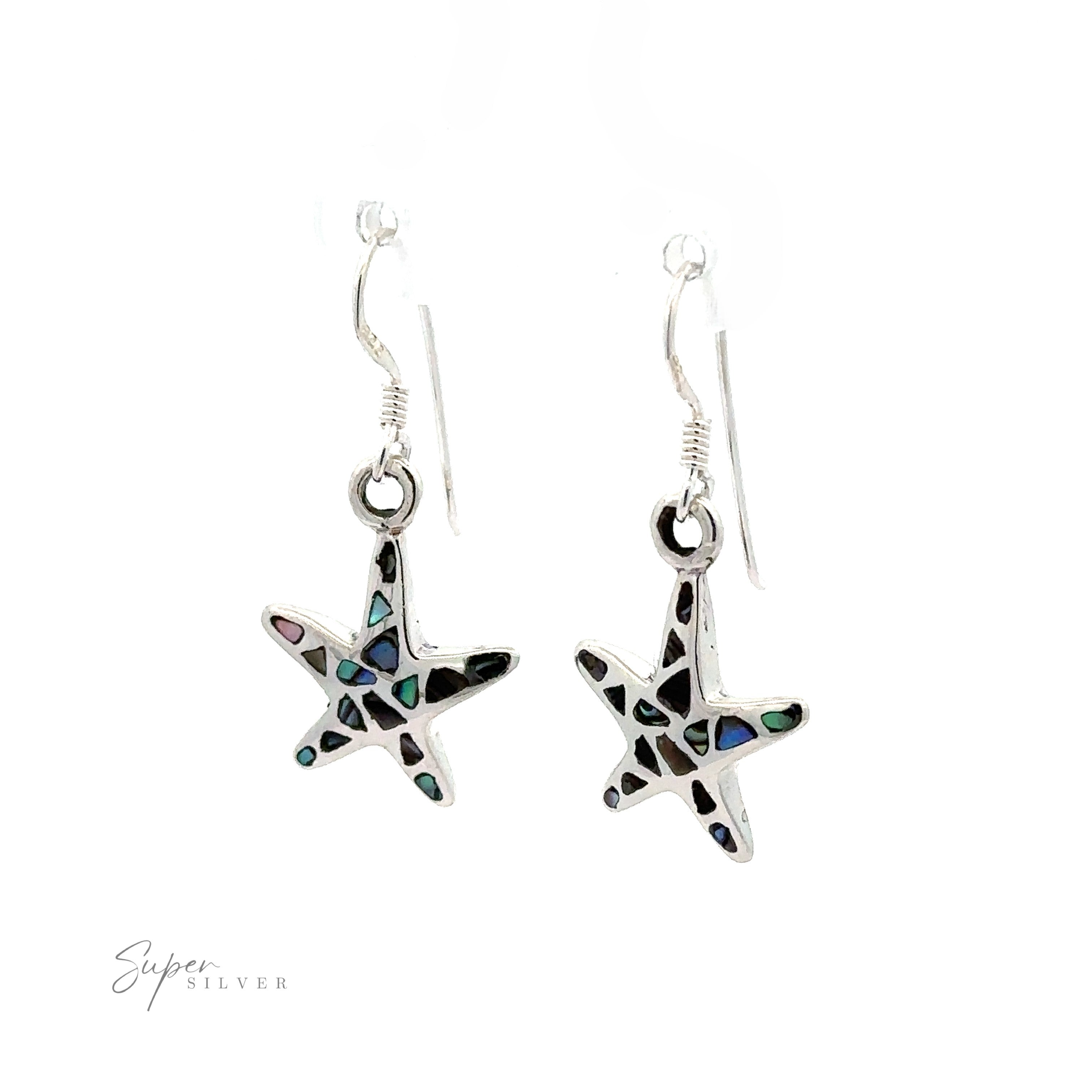 A pair of Abalone Shell Starfish Earrings on a white background.