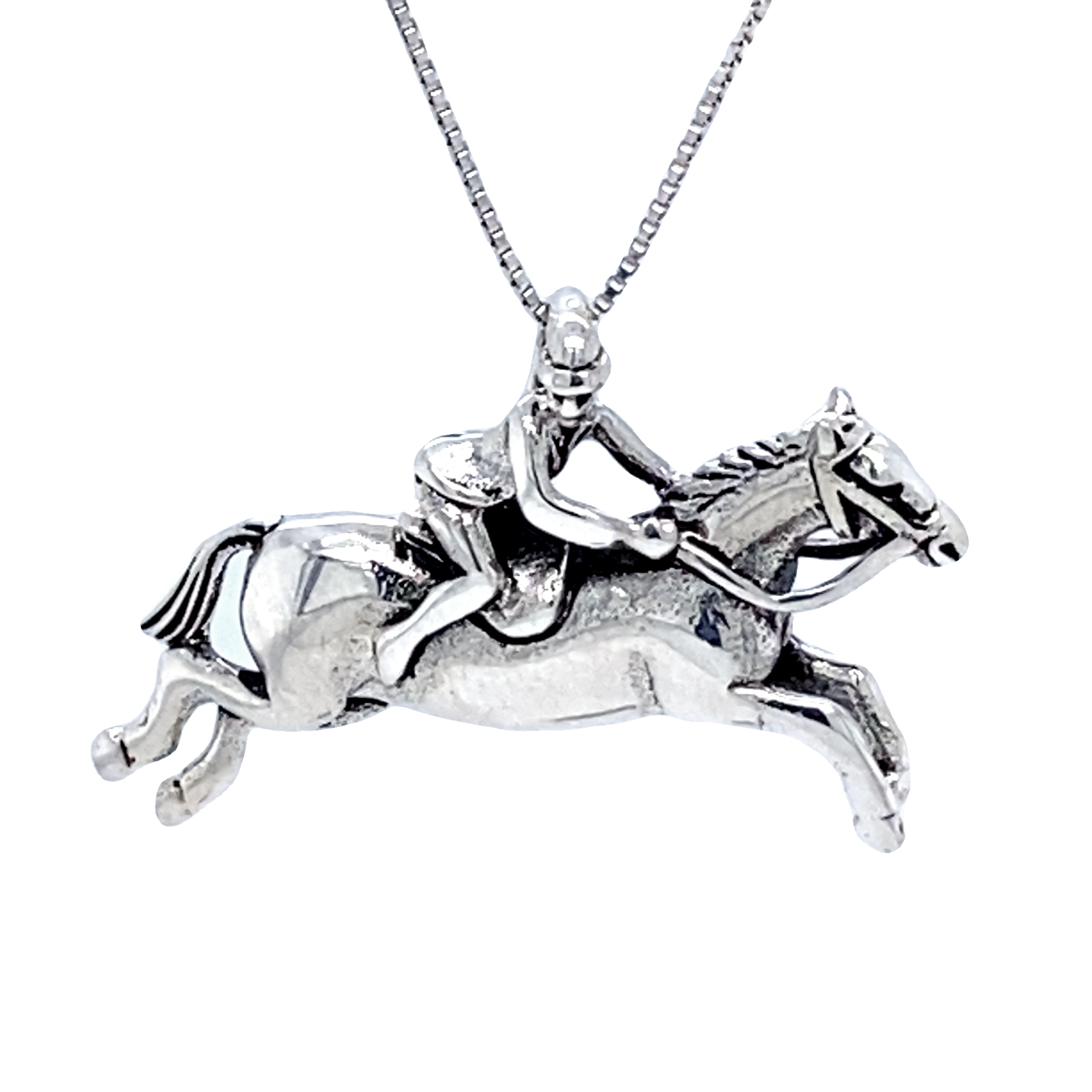 A Jumping Horse with Jockey Charm featuring a detailed design of a jockey riding a galloping horse, perfect as an exquisite equestrian gift.
