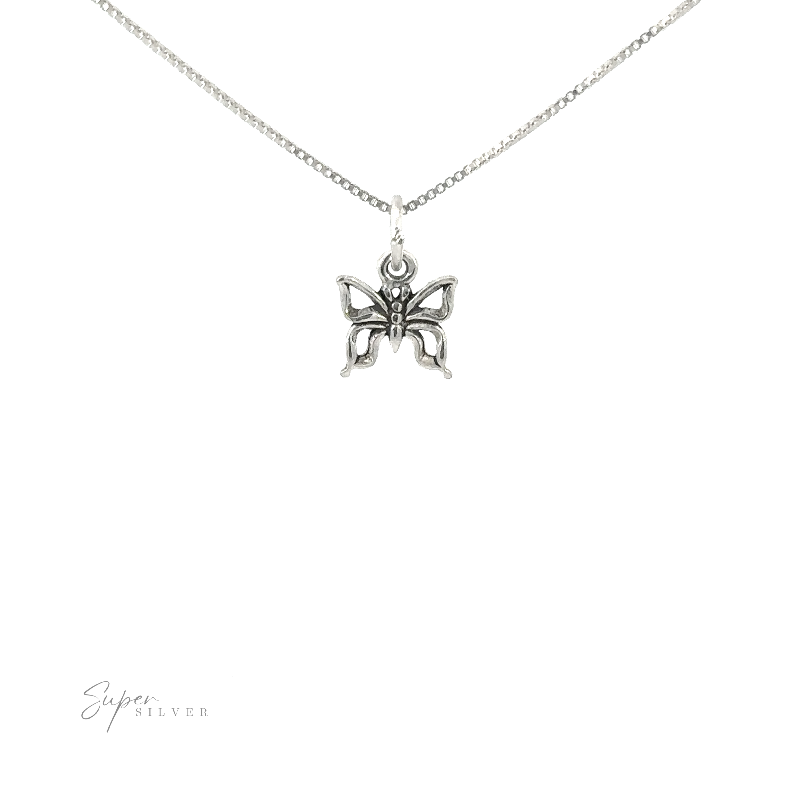 A sterling silver necklace with a Tiny Butterfly Charm.