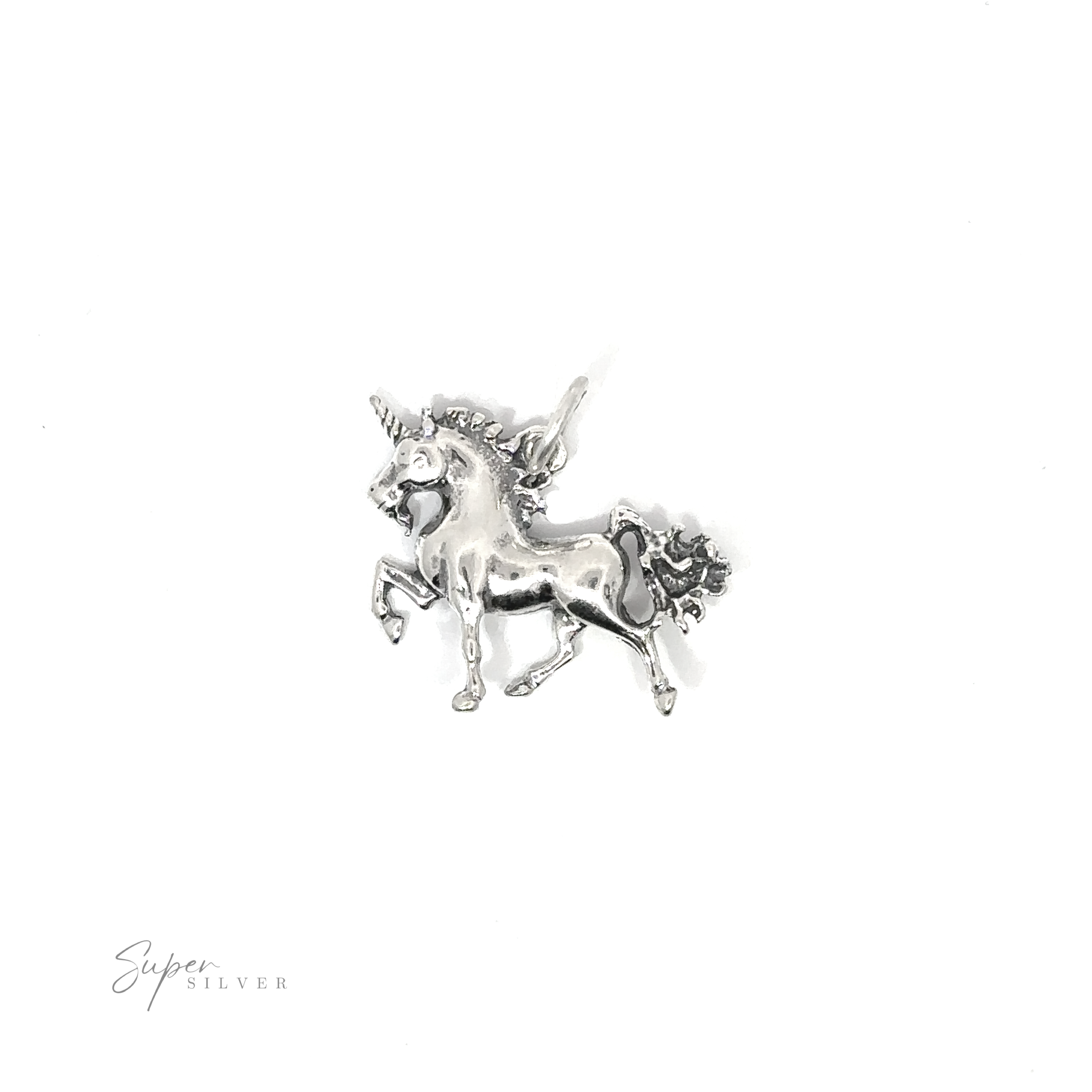 A .925 Sterling Silver Unicorn Charm with detailed hair on a white background.