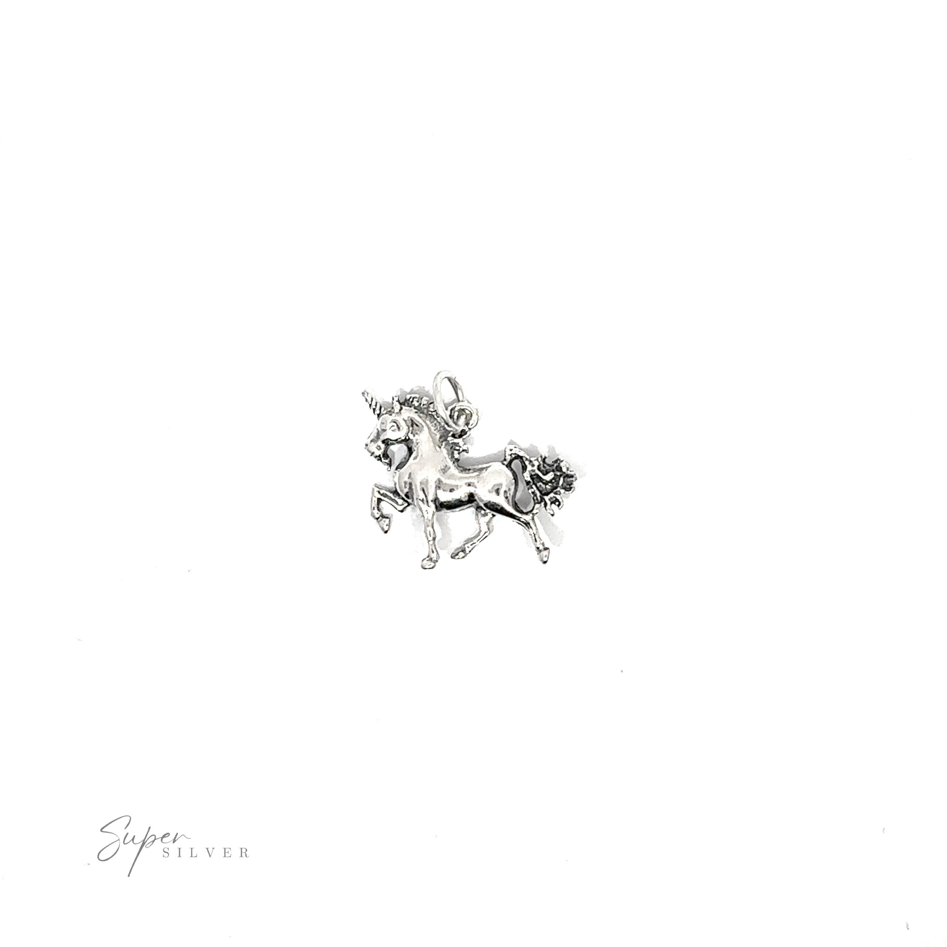A detailed hair Unicorn Charm made of .925 sterling silver, set against a white background.