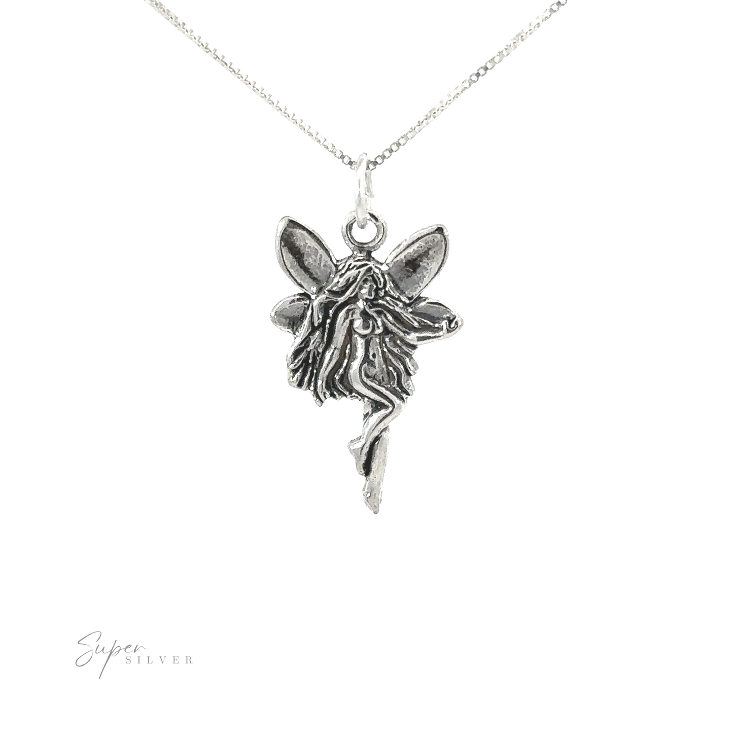 A silver pendant with a Sideways Facing Fairy Charm on it.
