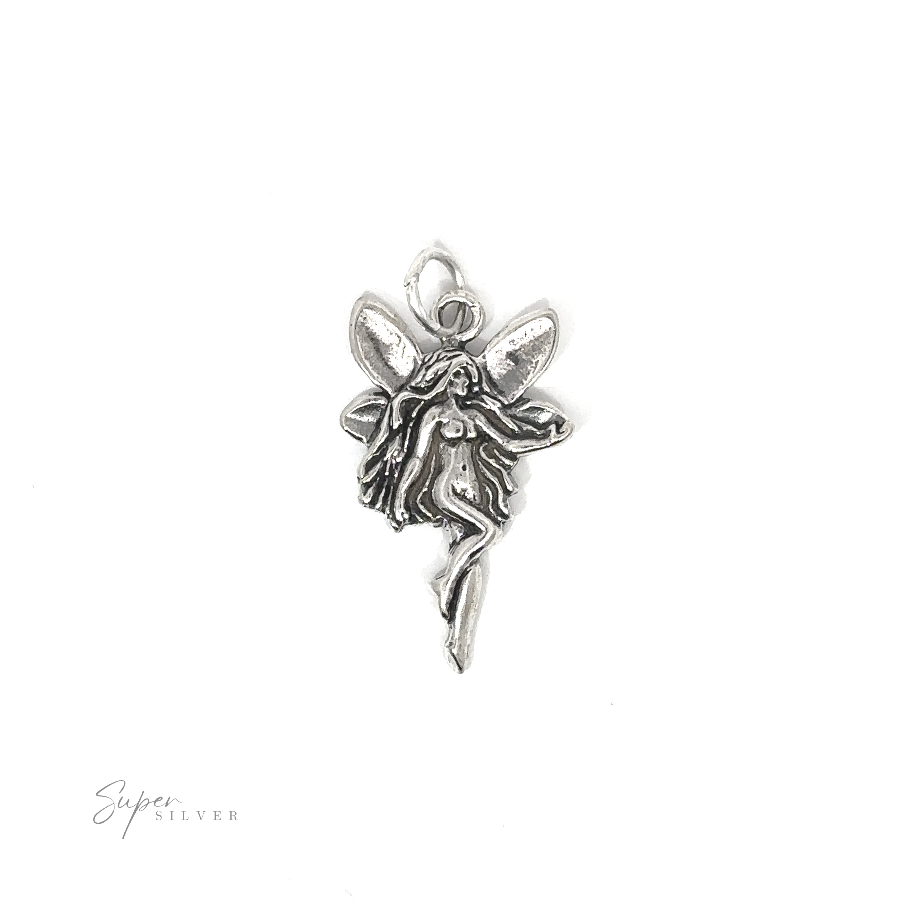 A silver Sideways Facing Fairy Charm with enchantment.